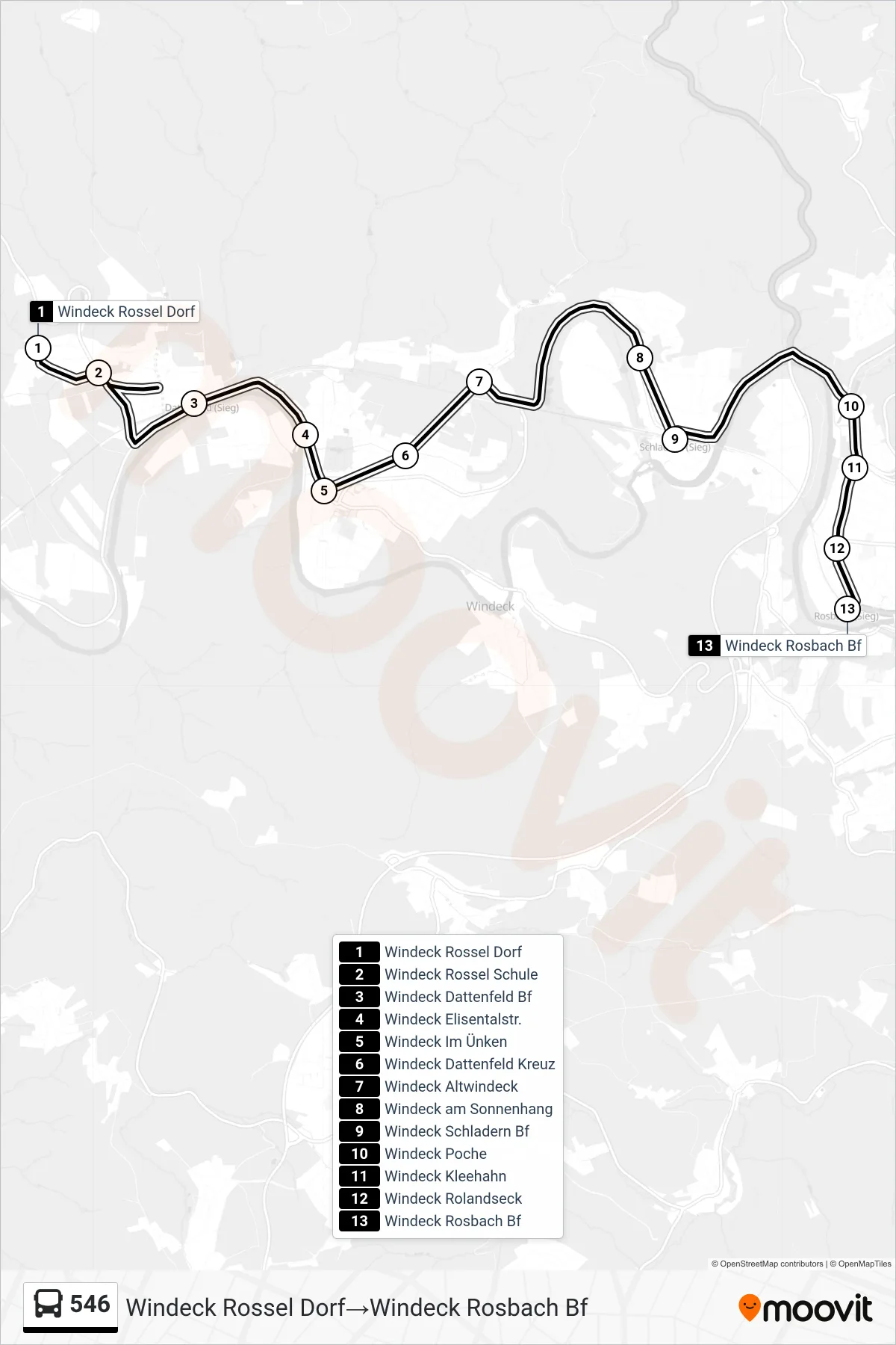 546 bus Line (Windeck Rossel Dorf→Windeck Rosbach Bf) route and stops on a map