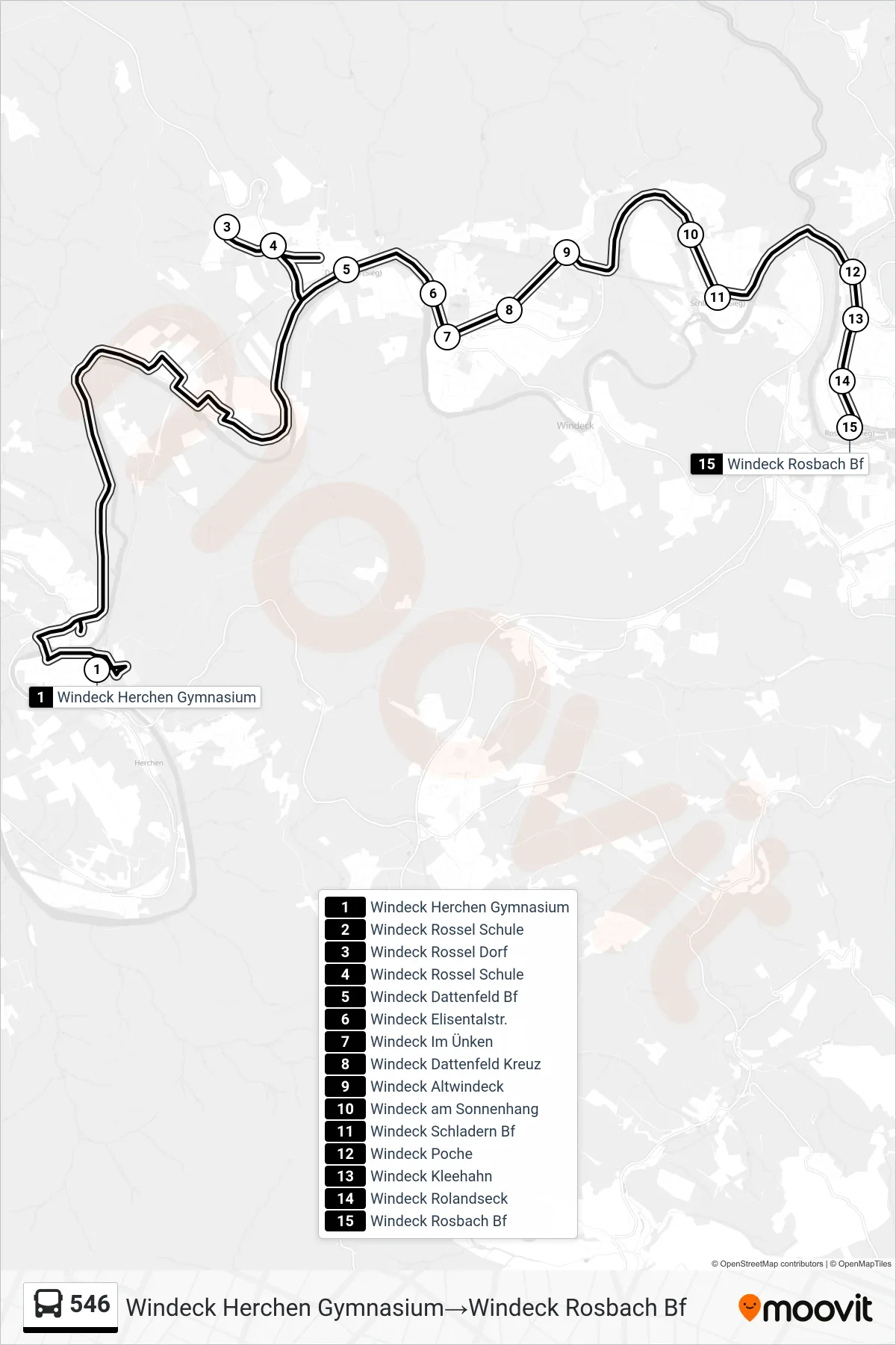 546 bus Line (Windeck Herchen Gymnasium→Windeck Rosbach Bf) route and stops on a map