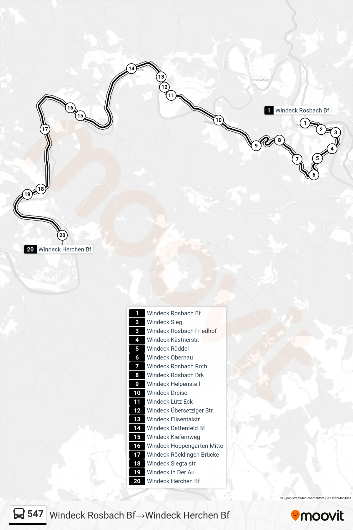 547 bus Line (Windeck Rosbach Bf‎→Windeck Herchen Bf) route and stops on a map