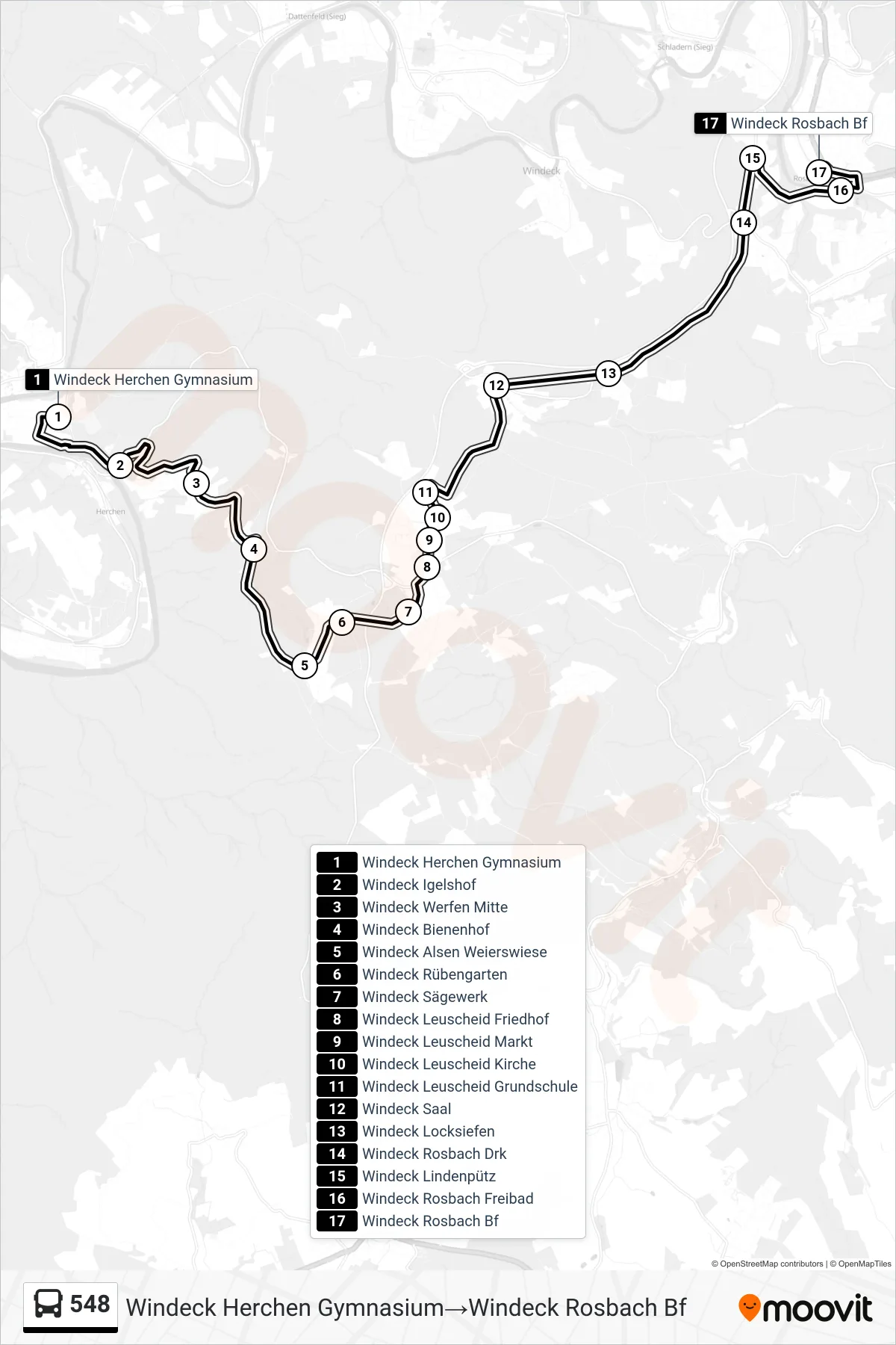 Linie 548 (Bus) Richtung Windeck Herchen Gymnasium→Windeck Rosbach Bf: Route und Haltestellen auf der Karte