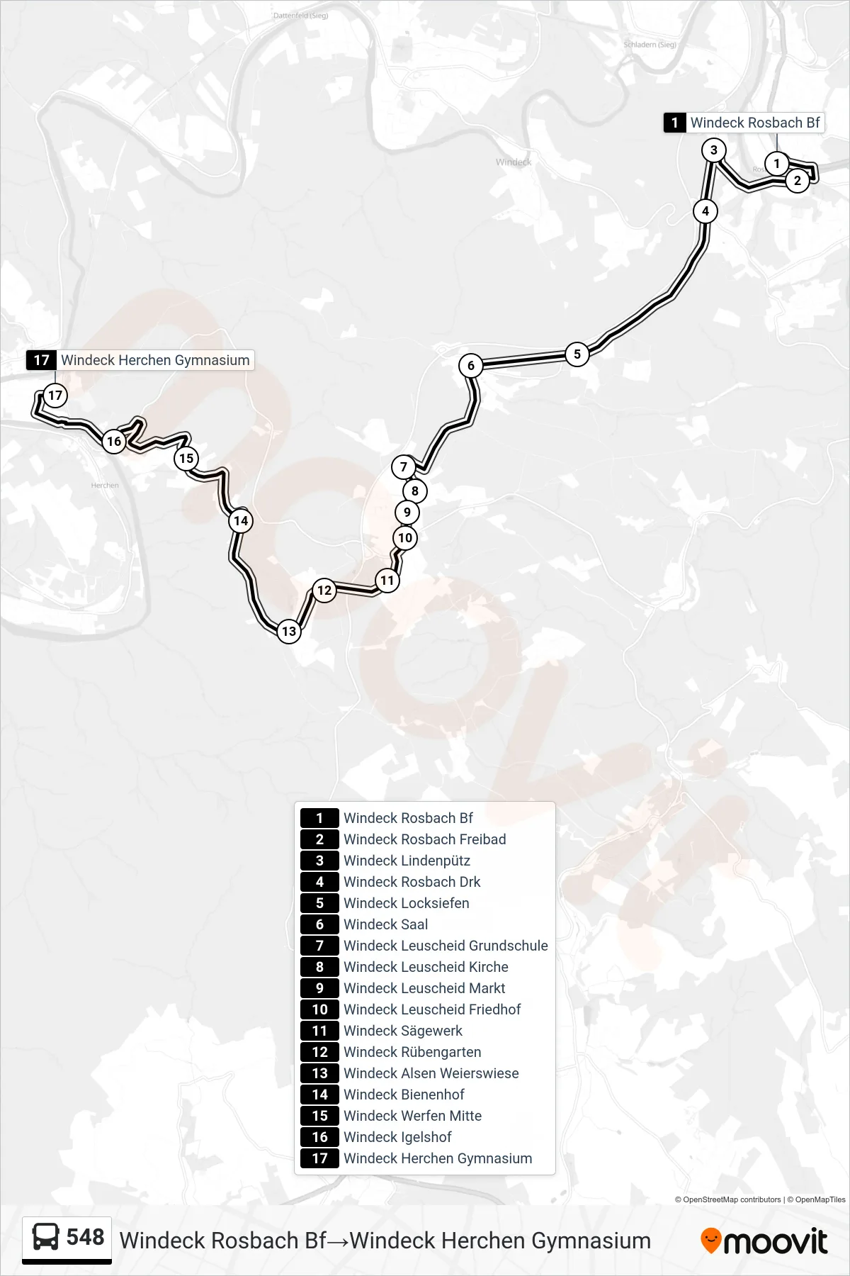Linie 548 (Bus) Richtung Windeck Rosbach Bf→Windeck Herchen Gymnasium: Route und Haltestellen auf der Karte