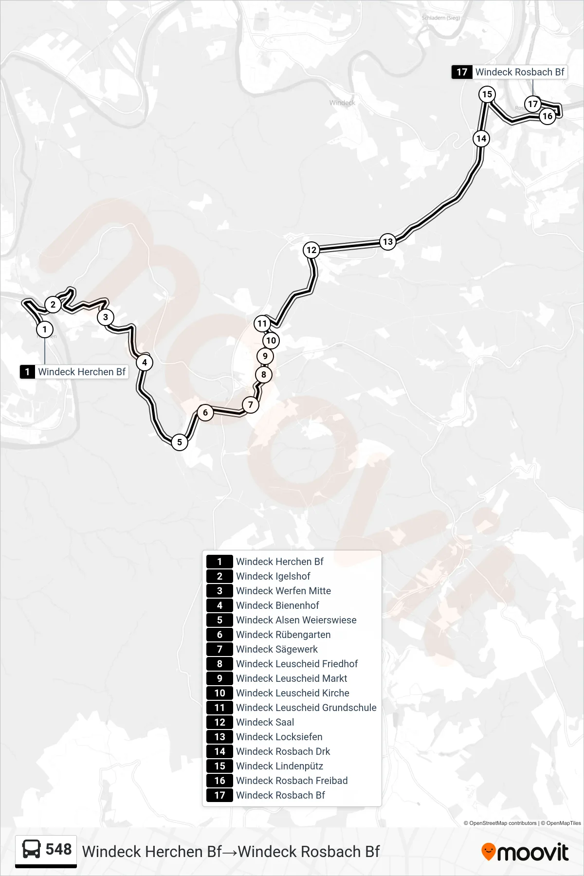 Linie 548 (Bus) Richtung Windeck Herchen Bf→Windeck Rosbach Bf: Route und Haltestellen auf der Karte