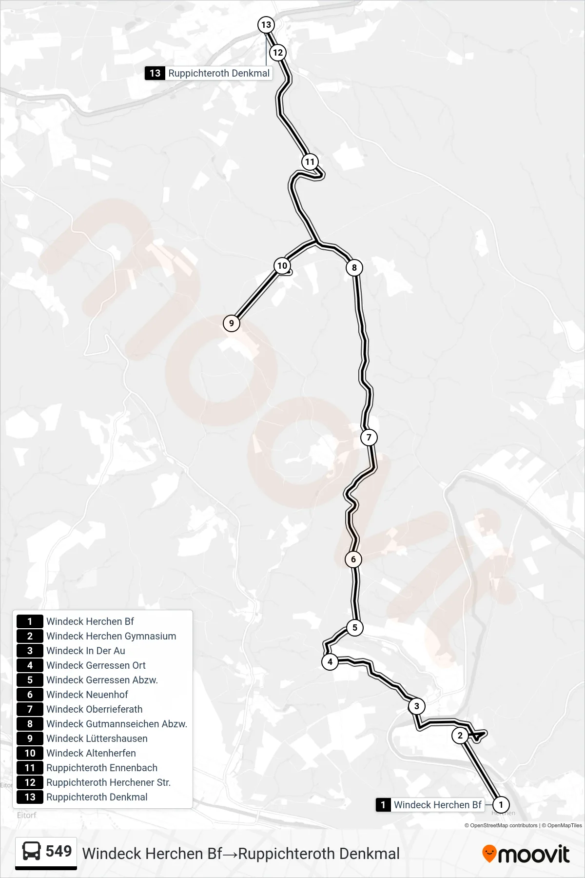 Linie 549 (Bus) Richtung Windeck Herchen Bf→Ruppichteroth Denkmal: Route und Haltestellen auf der Karte