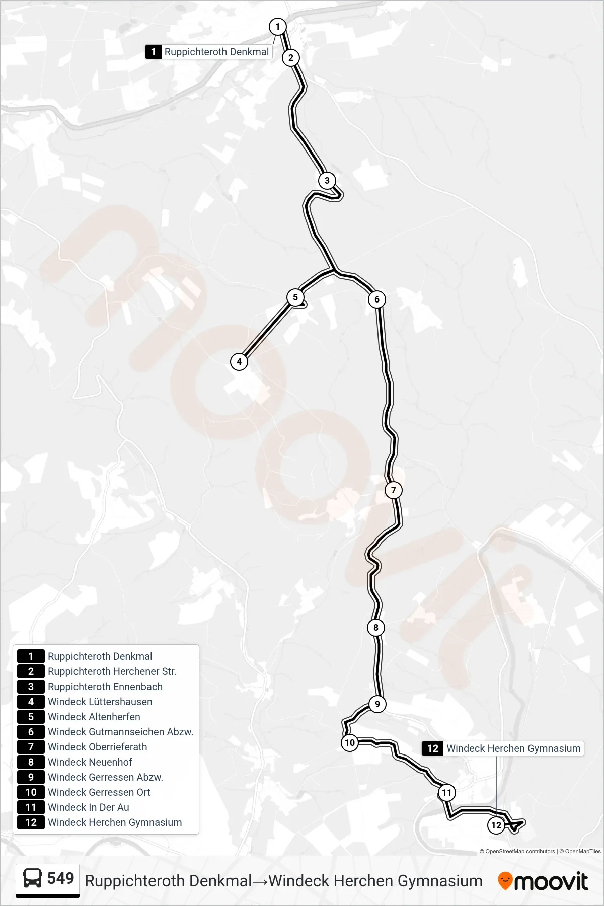 Linie 549 (Bus) Richtung Ruppichteroth Denkmal→Windeck Herchen Gymnasium: Route und Haltestellen auf der Karte
