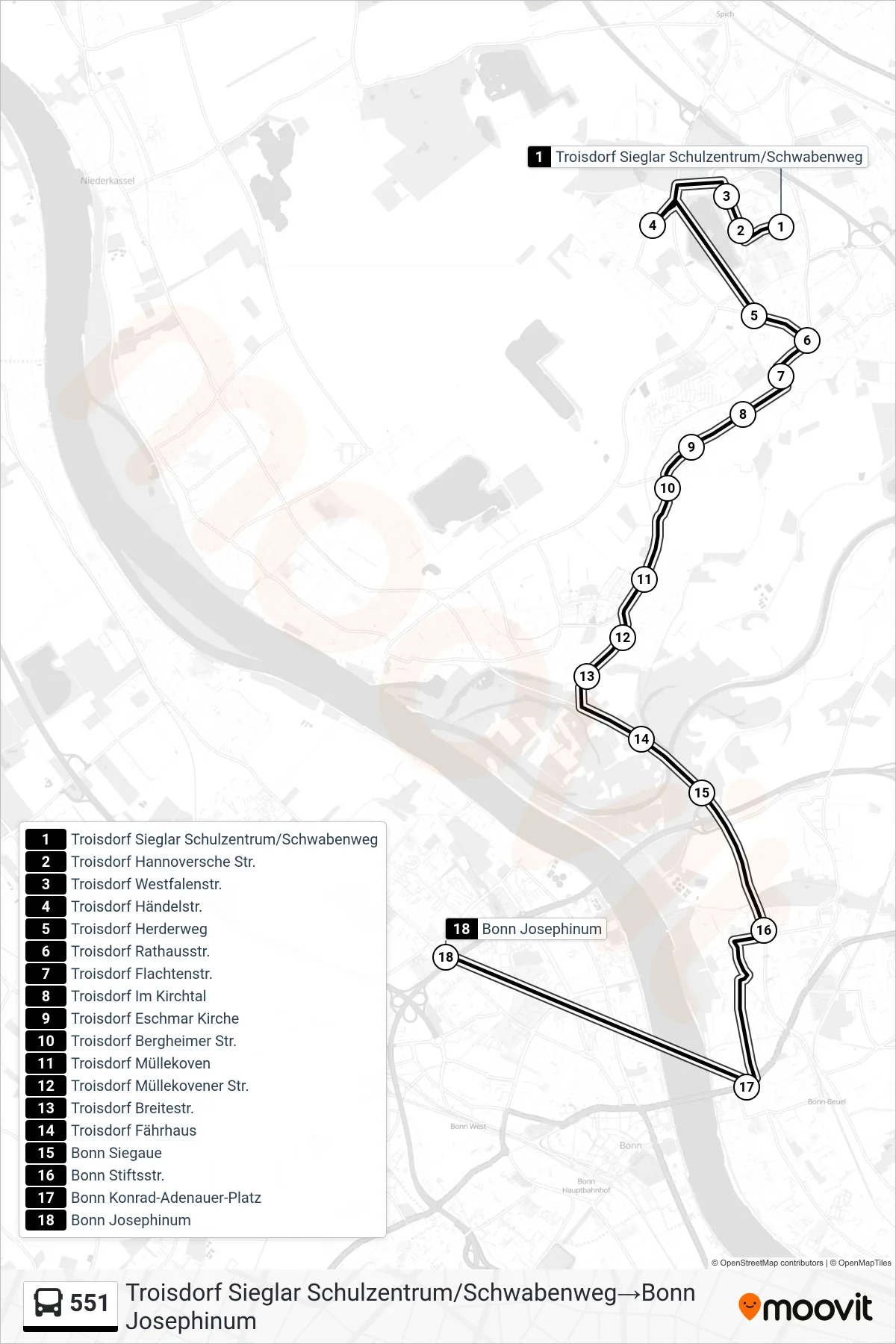 Linie 551 (Bus) Richtung Troisdorf Sieglar Schulzentrum/Schwabenweg‎→Bonn Josephinum: Route und Haltestellen auf der Karte