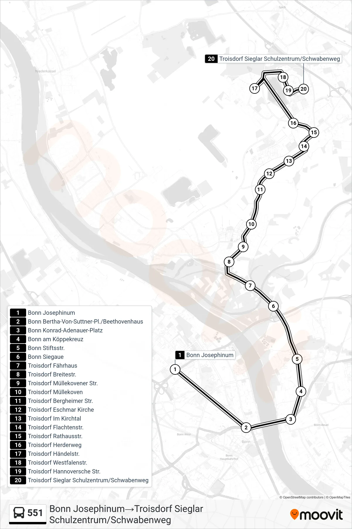 551 bus Line (Bonn Josephinum→Troisdorf Sieglar Schulzentrum/Schwabenweg) route and stops on a map