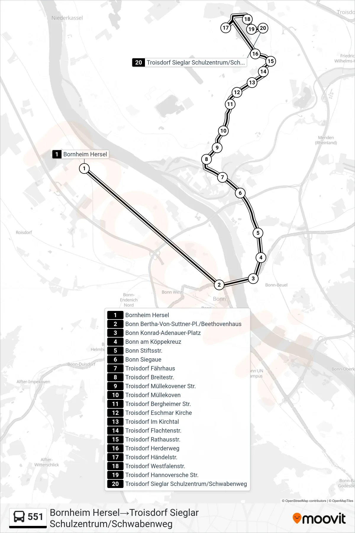Linie 551 (Bus) Richtung Bornheim Hersel→Troisdorf Sieglar Schulzentrum/Schwabenweg: Route und Haltestellen auf der Karte
