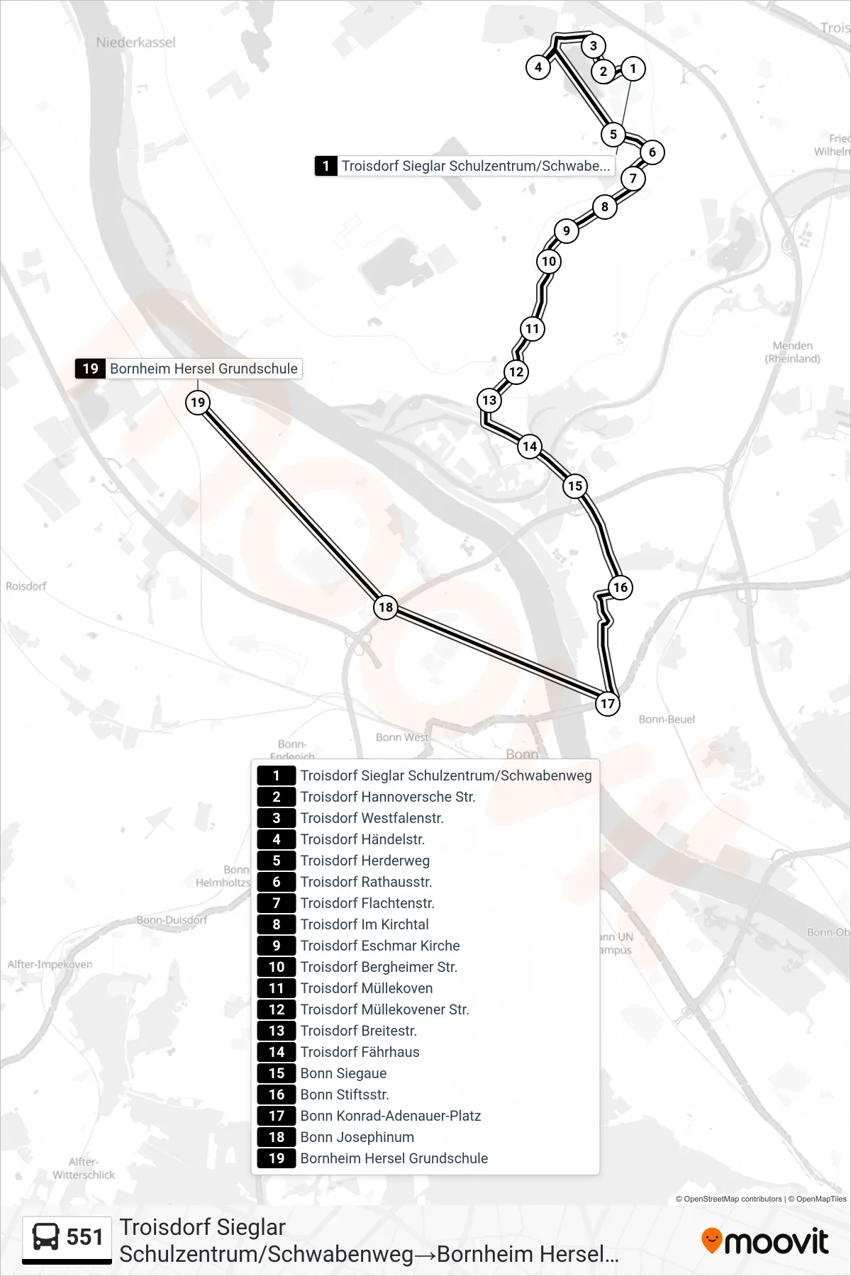 Linie 551 (Bus) Richtung Troisdorf Sieglar Schulzentrum/Schwabenweg→Bornheim Hersel Grundschule: Route und Haltestellen auf der Karte