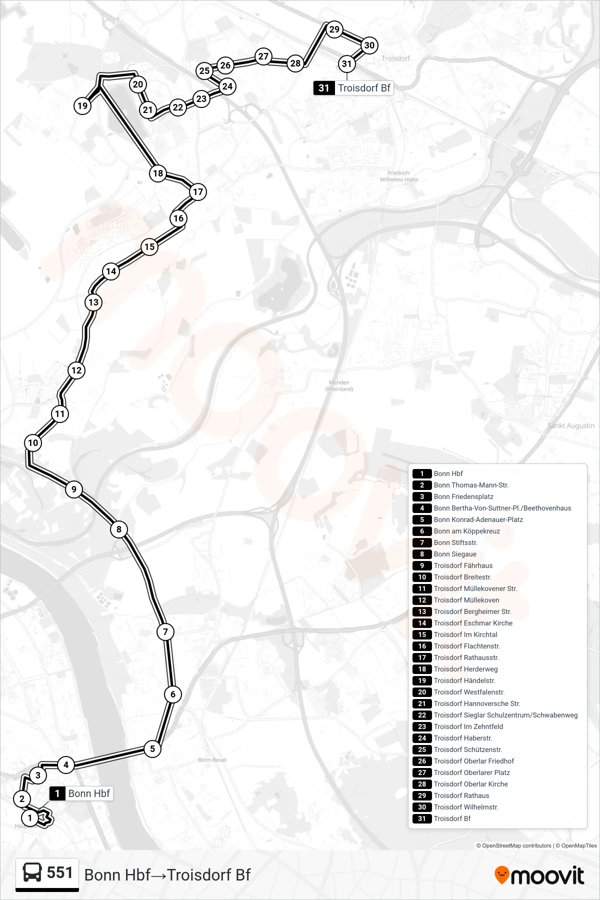 551 bus Line (Bonn Hbf→Troisdorf Bf) route and stops on a map