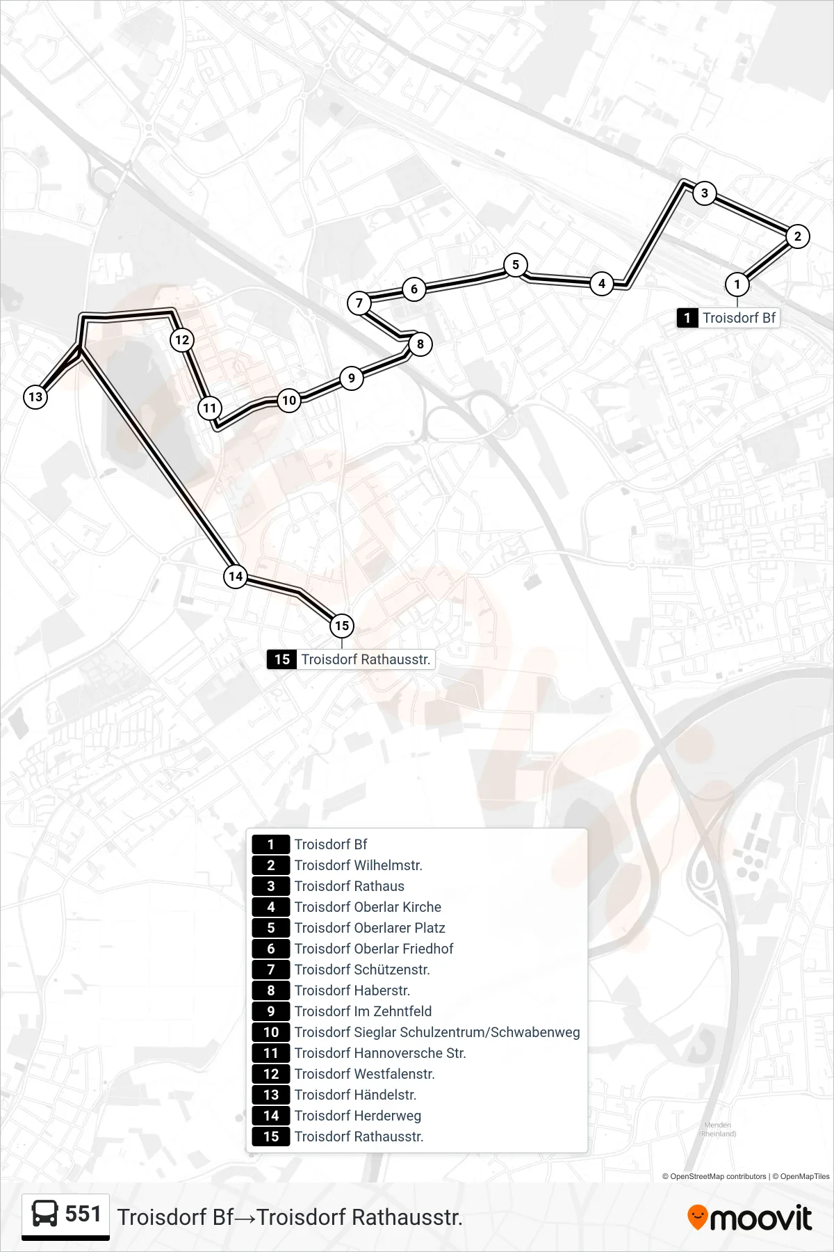 Linie 551 (Bus) Richtung Troisdorf Bf‎→Troisdorf Rathausstr.: Route und Haltestellen auf der Karte