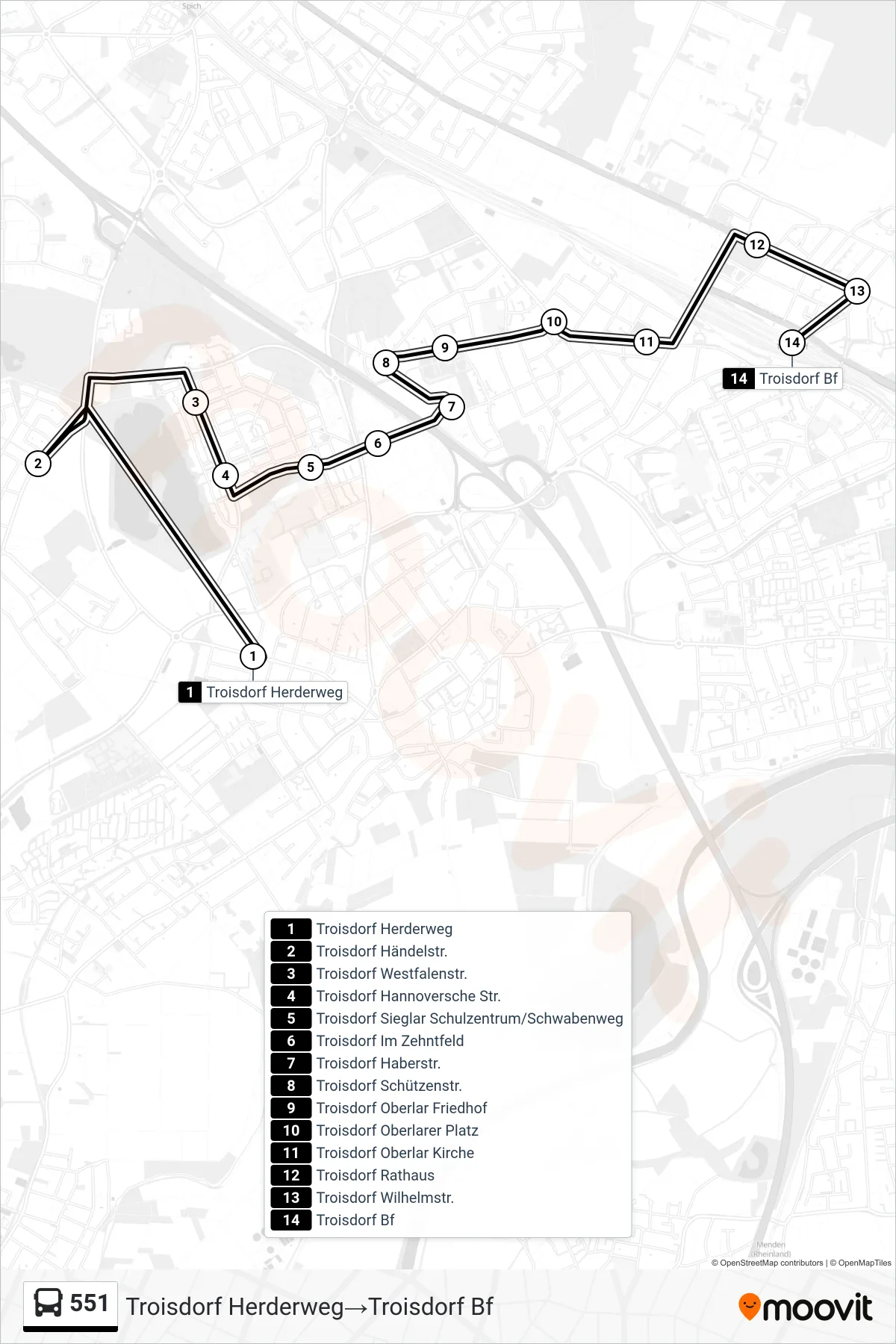 551 bus Line (Troisdorf Herderweg→Troisdorf Bf) route and stops on a map