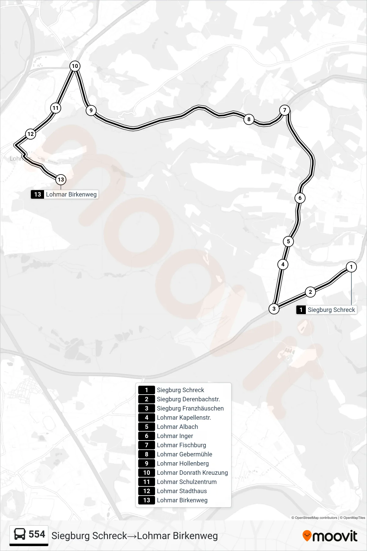 Linie 554 (Bus) Richtung Siegburg Schreck‎→Lohmar Birkenweg: Route und Haltestellen auf der Karte