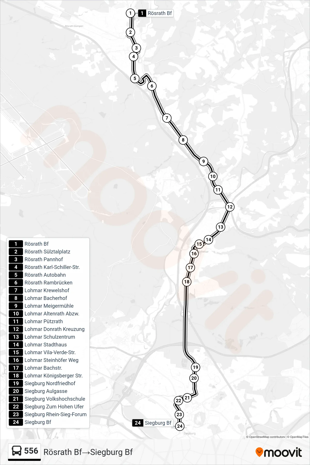 Linie 556 (Bus) Richtung Rösrath Bf→Siegburg Bf: Route und Haltestellen auf der Karte