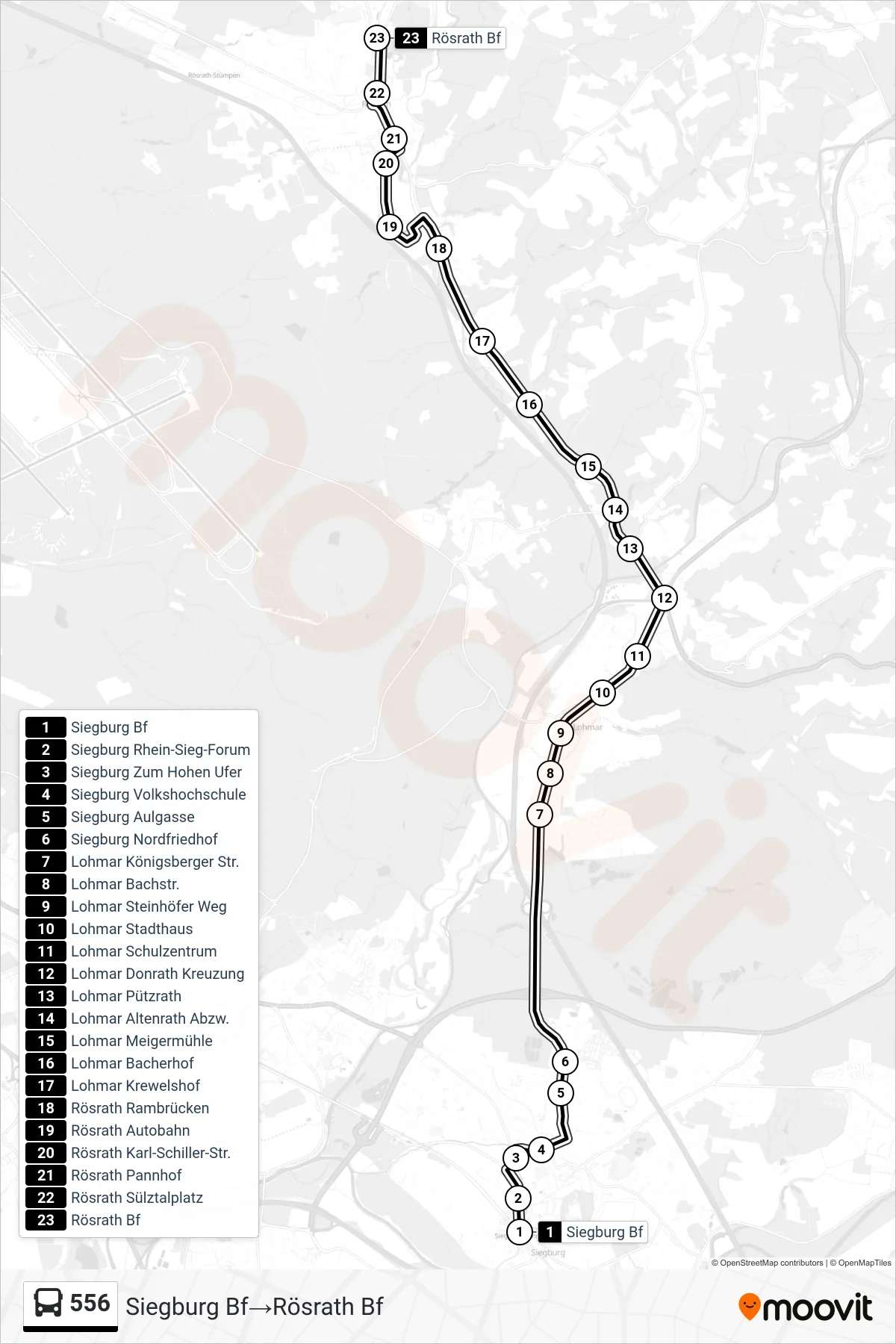 Linie 556 (Bus) Richtung Siegburg Bf→Rösrath Bf: Route und Haltestellen auf der Karte
