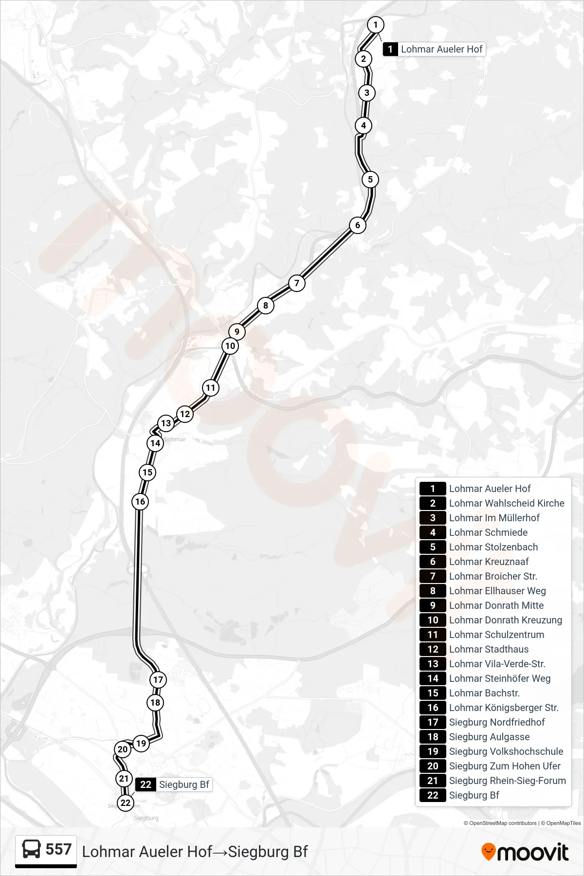 Linie 557 (Bus) Richtung Lohmar Aueler Hof→Siegburg Bf: Route und Haltestellen auf der Karte