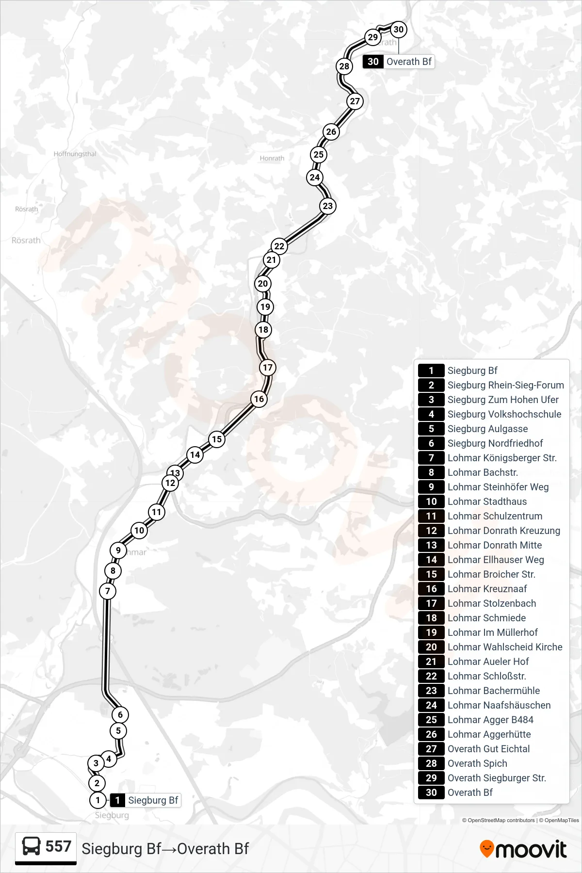 Linie 557 (Bus) Richtung Siegburg Bf→Overath Bf: Route und Haltestellen auf der Karte