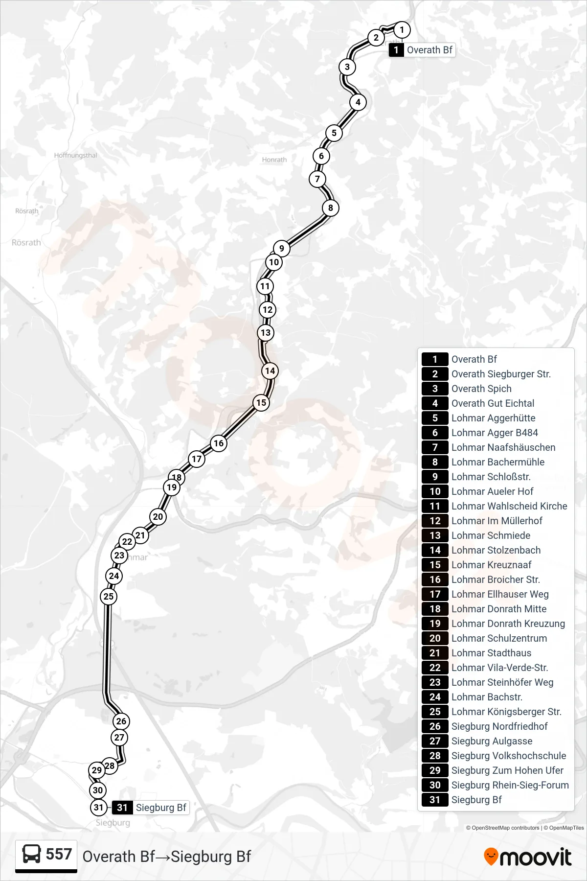 Linie 557 (Bus) Richtung Overath Bf→Siegburg Bf: Route und Haltestellen auf der Karte