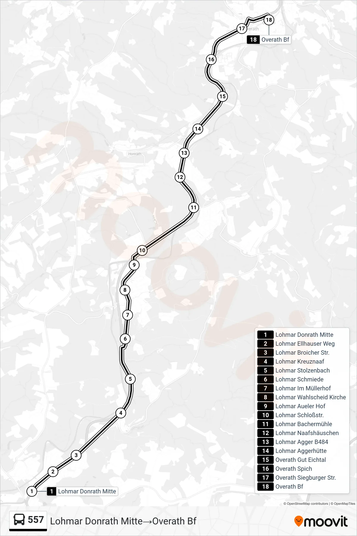 Linie 557 (Bus) Richtung Lohmar Donrath Mitte→Overath Bf: Route und Haltestellen auf der Karte