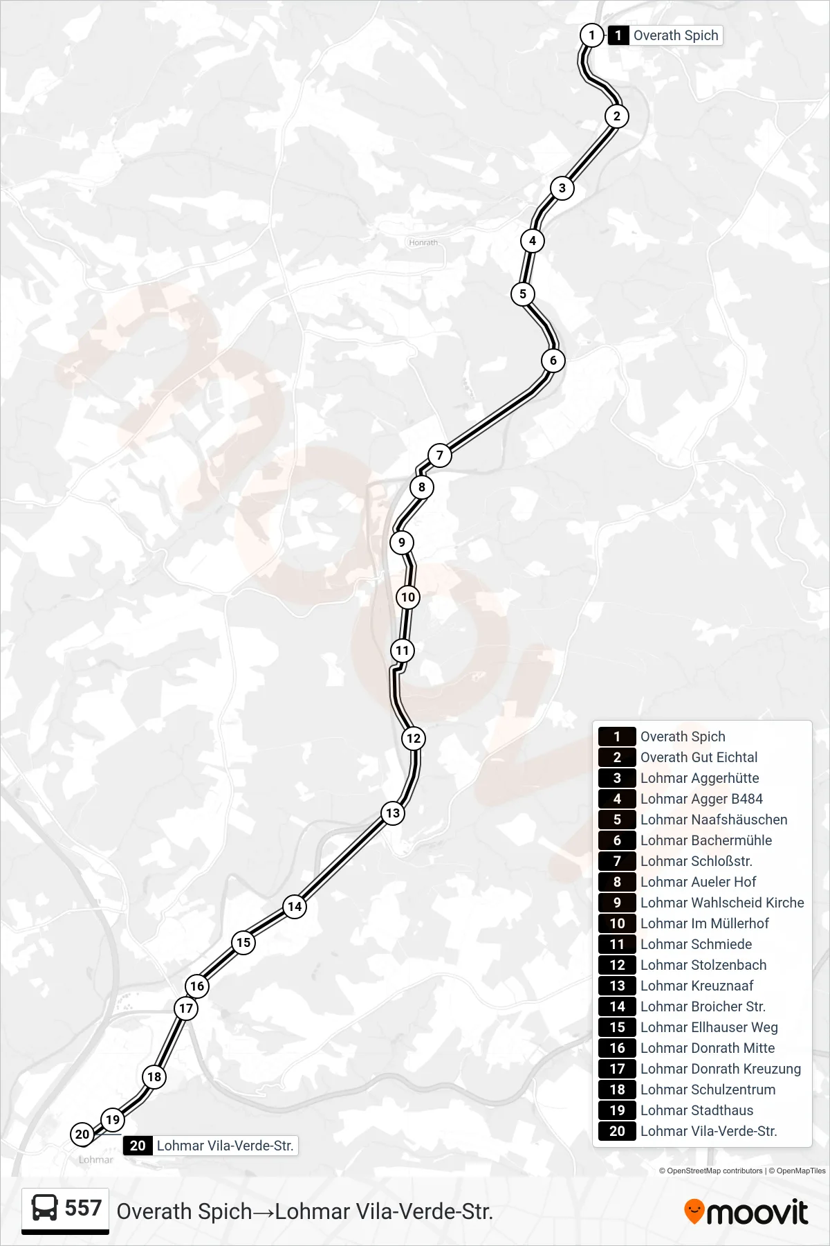 Linie 557 (Bus) Richtung Overath Spich→Lohmar Vila-Verde-Str.: Route und Haltestellen auf der Karte
