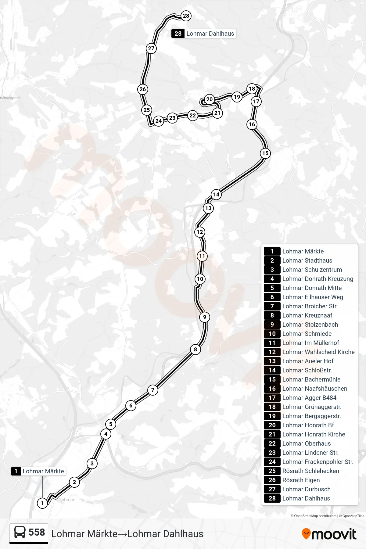 Linie 558 (Bus) Richtung Lohmar Märkte→Lohmar Dahlhaus: Route und Haltestellen auf der Karte
