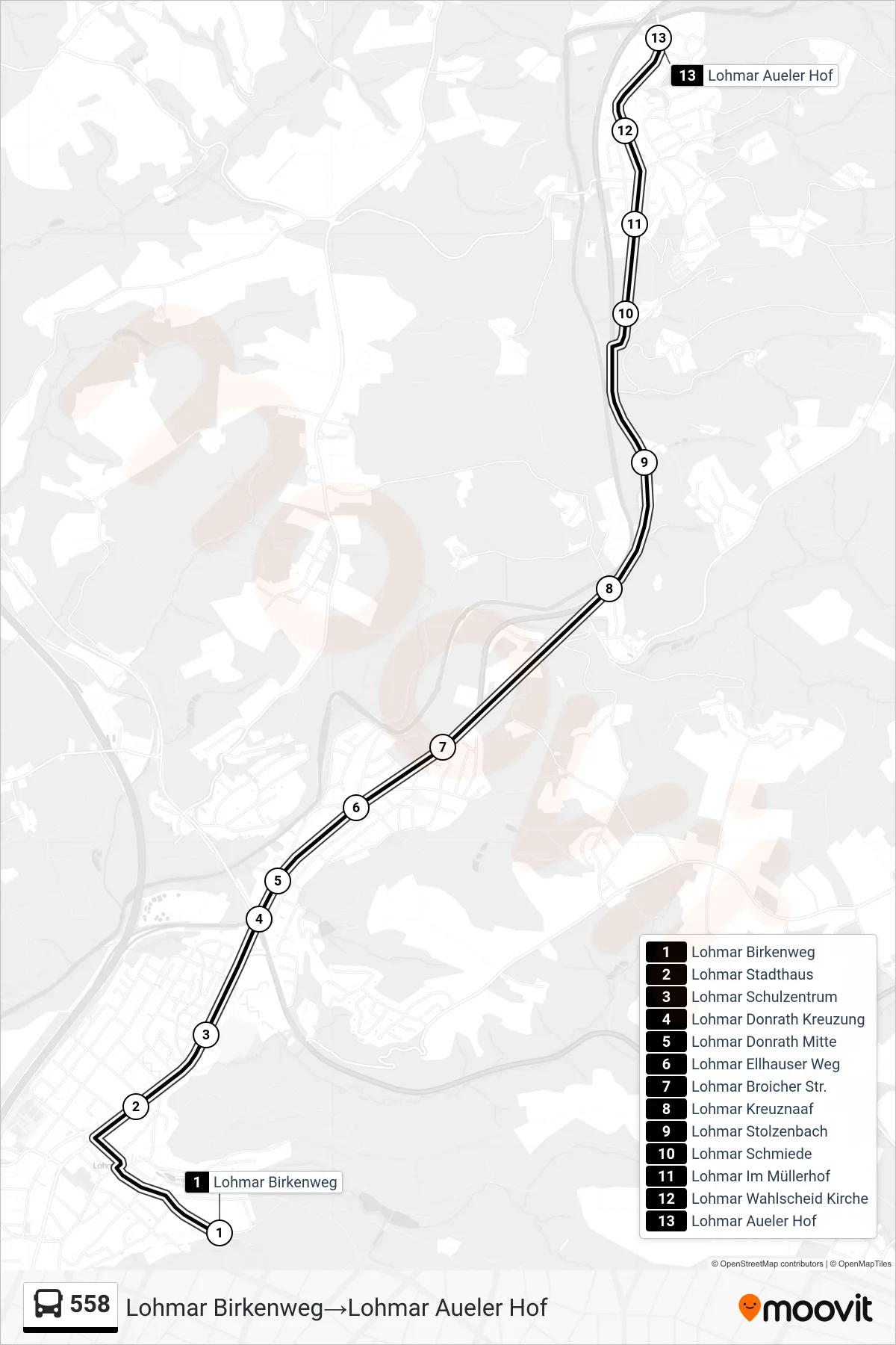 Linie 558 (Bus) Richtung Lohmar Birkenweg→Lohmar Aueler Hof: Route und Haltestellen auf der Karte