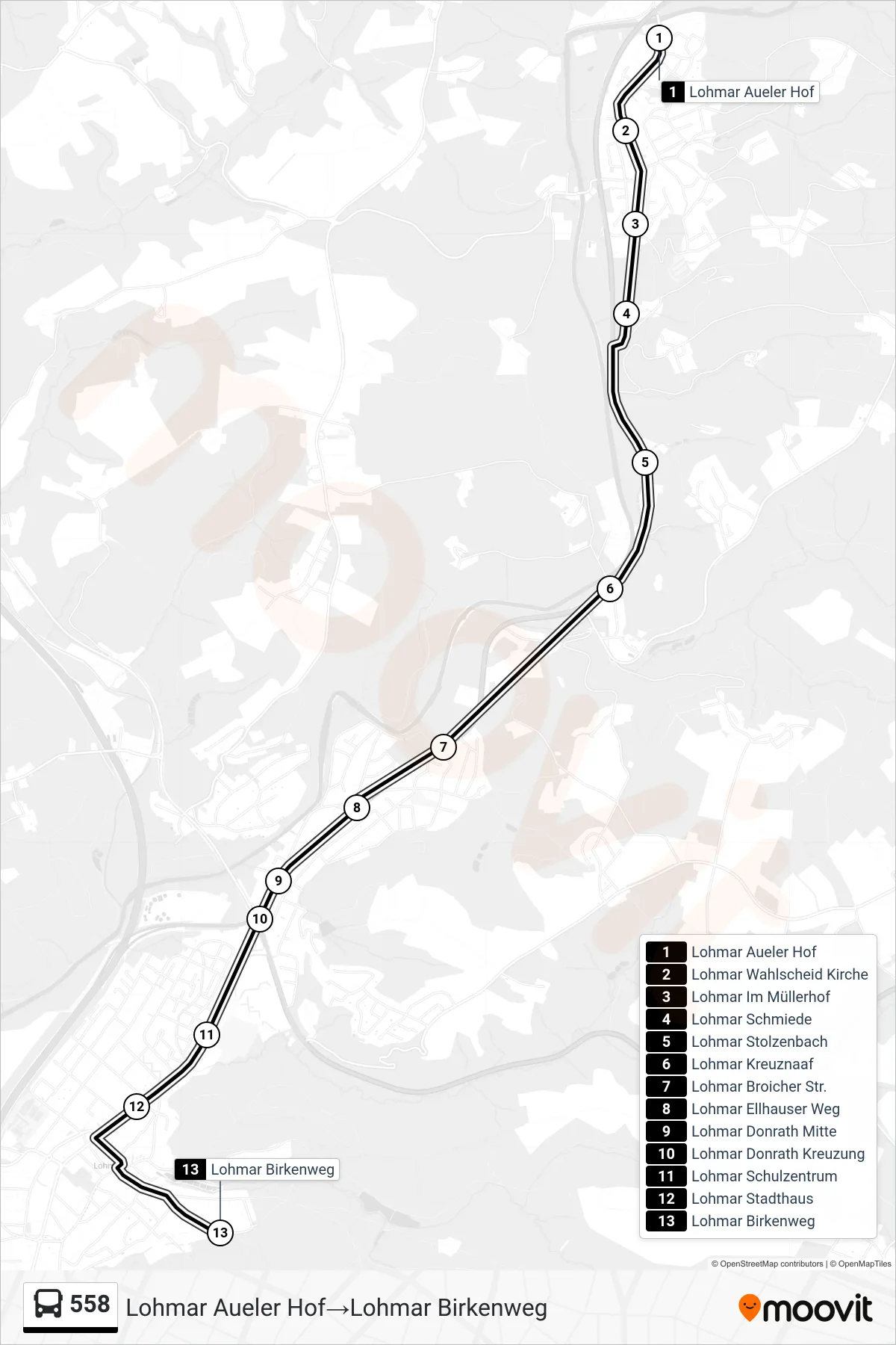Linie 558 (Bus) Richtung Lohmar Aueler Hof→Lohmar Birkenweg: Route und Haltestellen auf der Karte