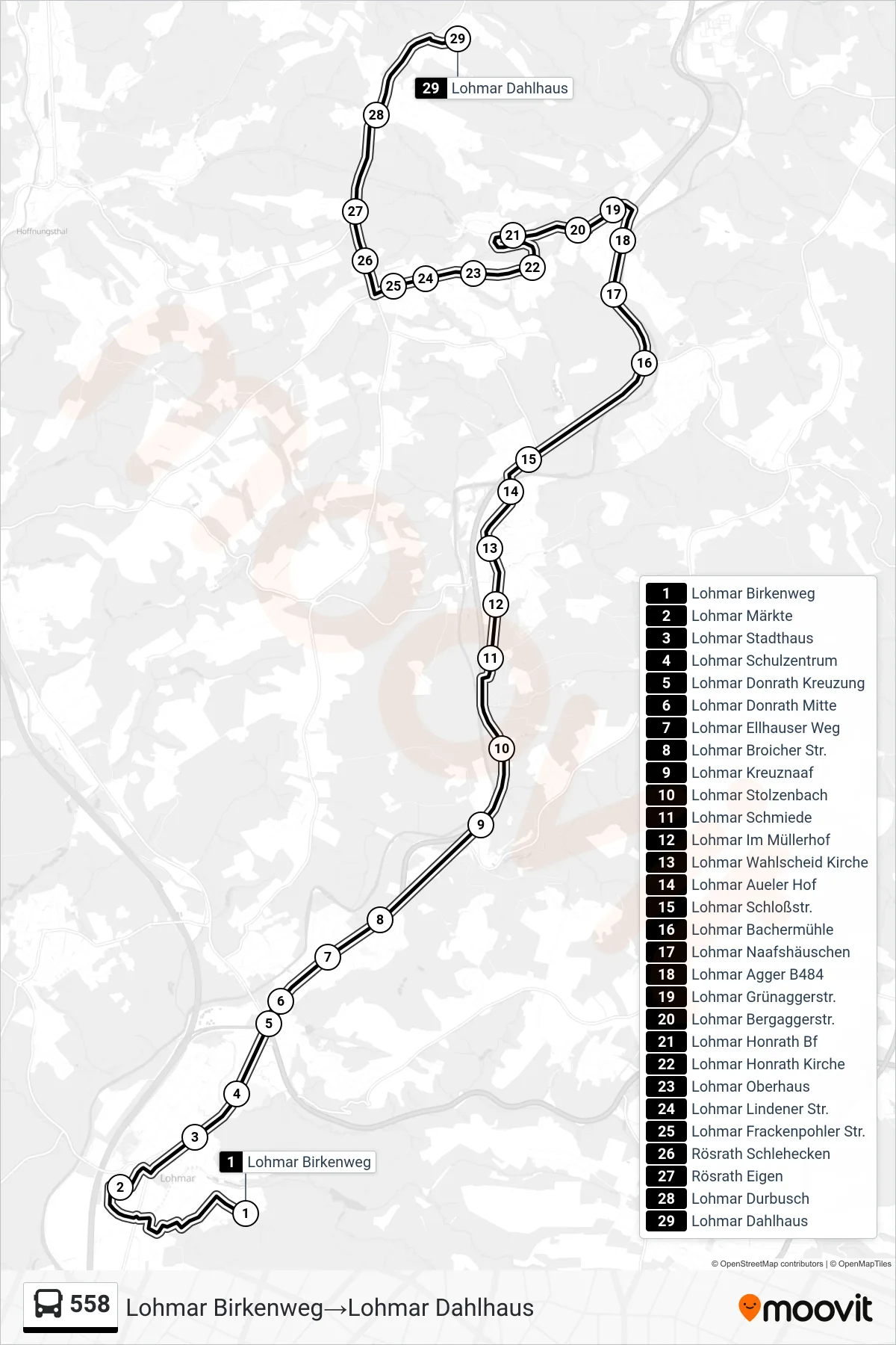 Linie 558 (Bus) Richtung Lohmar Birkenweg→Lohmar Dahlhaus: Route und Haltestellen auf der Karte