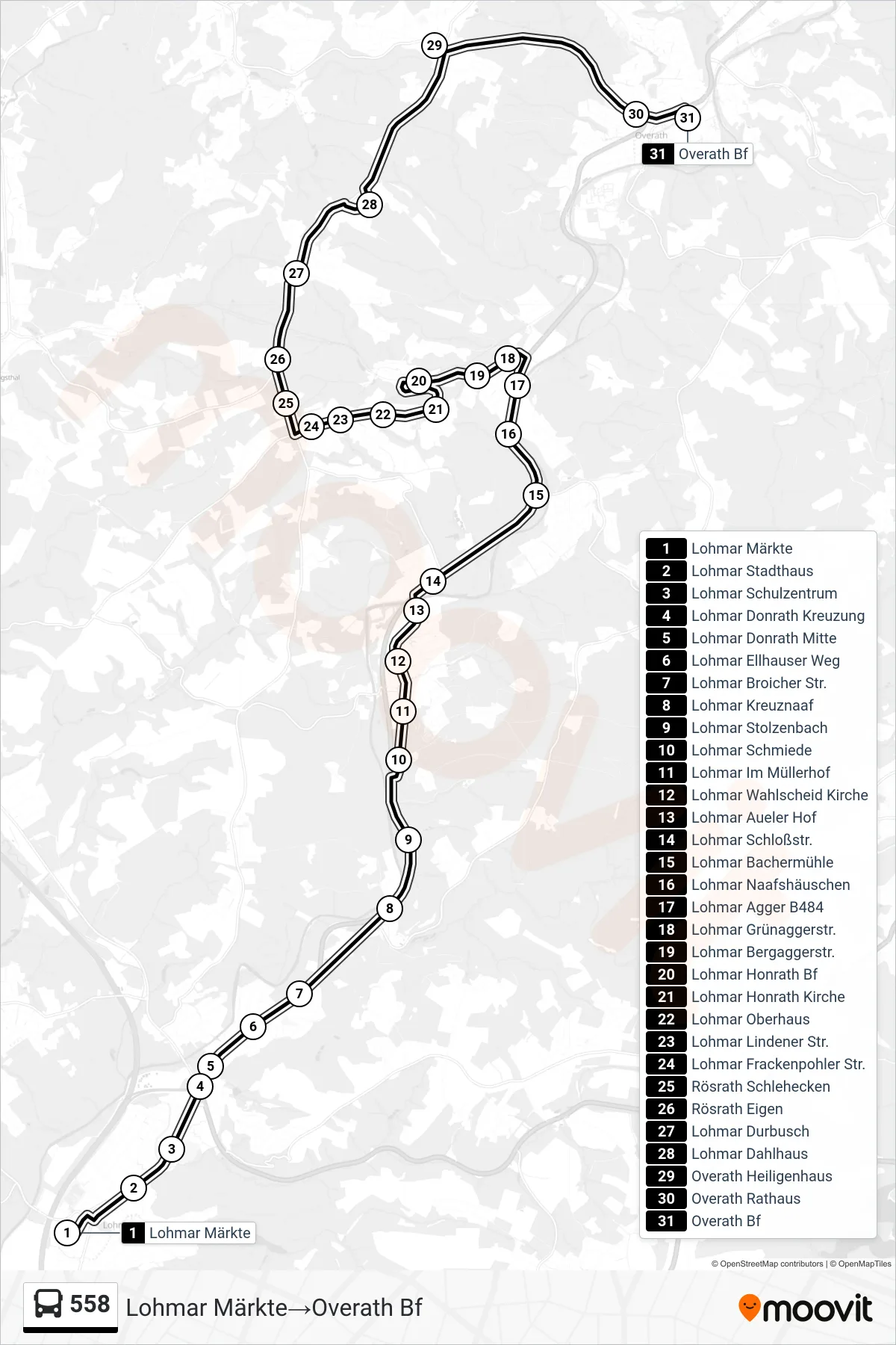 Linie 558 (Bus) Richtung Lohmar Märkte→Overath Bf: Route und Haltestellen auf der Karte