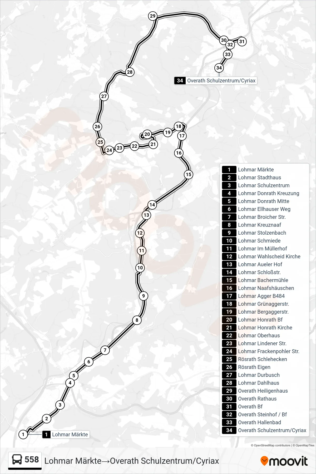 Linie 558 (Bus) Richtung Lohmar Märkte→Overath Schulzentrum/Cyriax: Route und Haltestellen auf der Karte