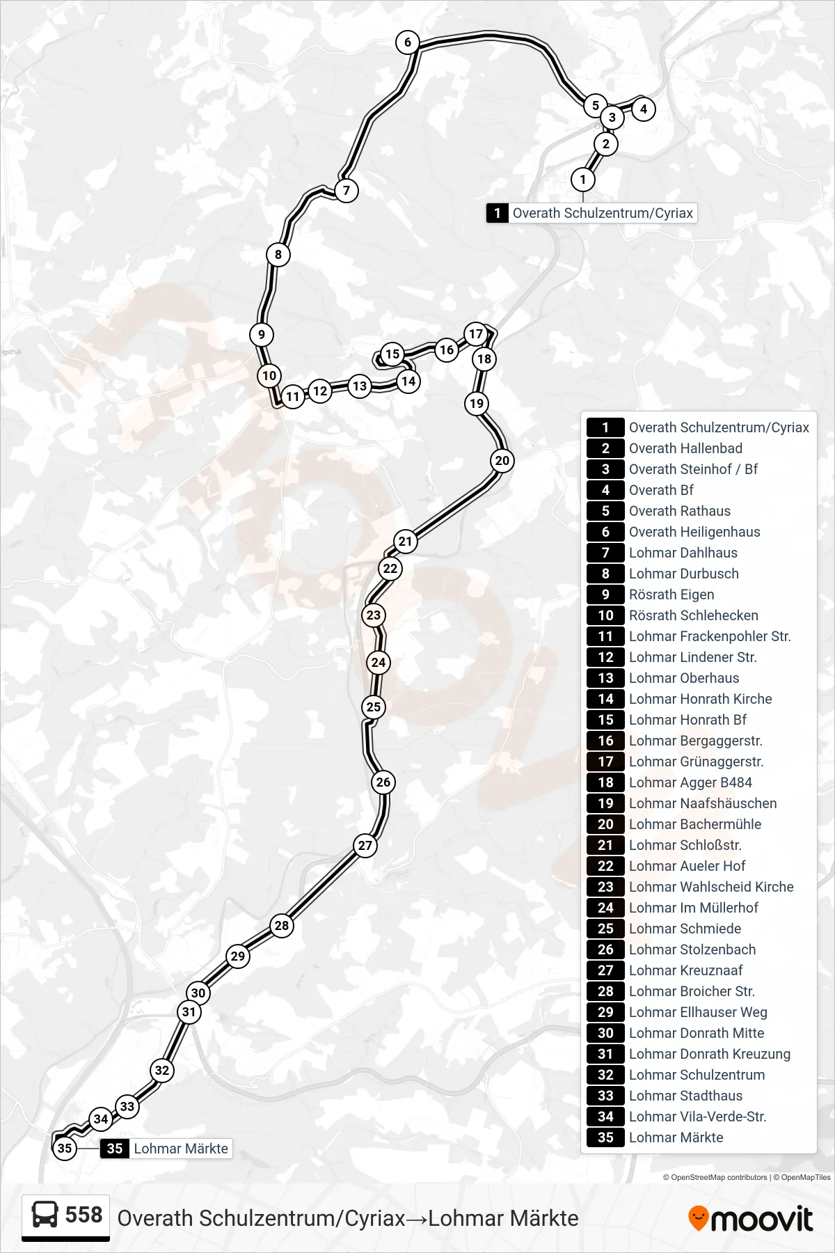 Linie 558 (Bus) Richtung Overath Schulzentrum/Cyriax→Lohmar Märkte: Route und Haltestellen auf der Karte
