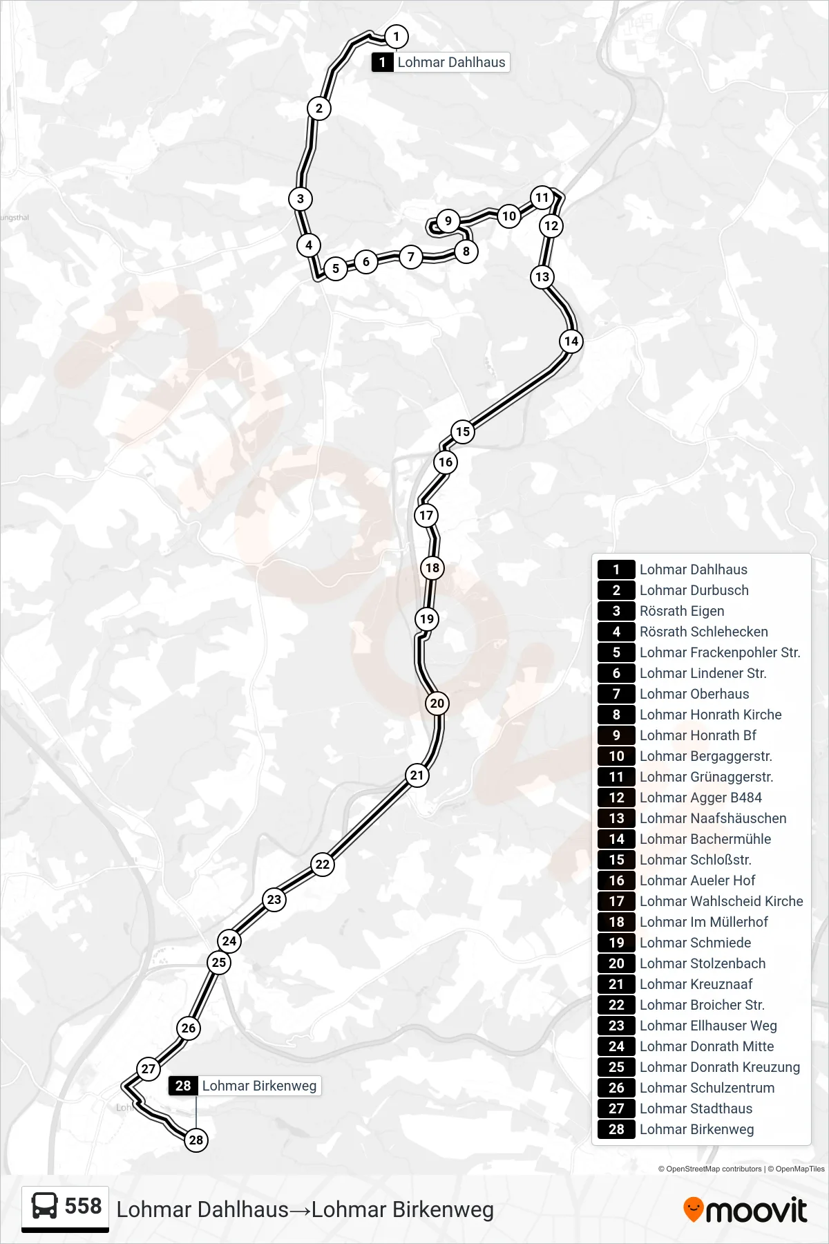 Linie 558 (Bus) Richtung Lohmar Dahlhaus→Lohmar Birkenweg: Route und Haltestellen auf der Karte