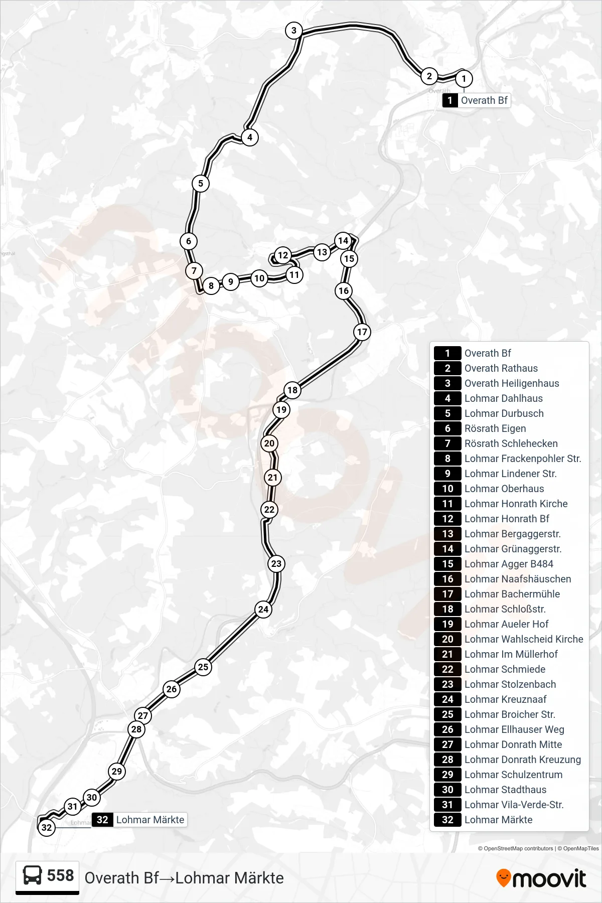 Linie 558 (Bus) Richtung Overath Bf→Lohmar Märkte: Route und Haltestellen auf der Karte