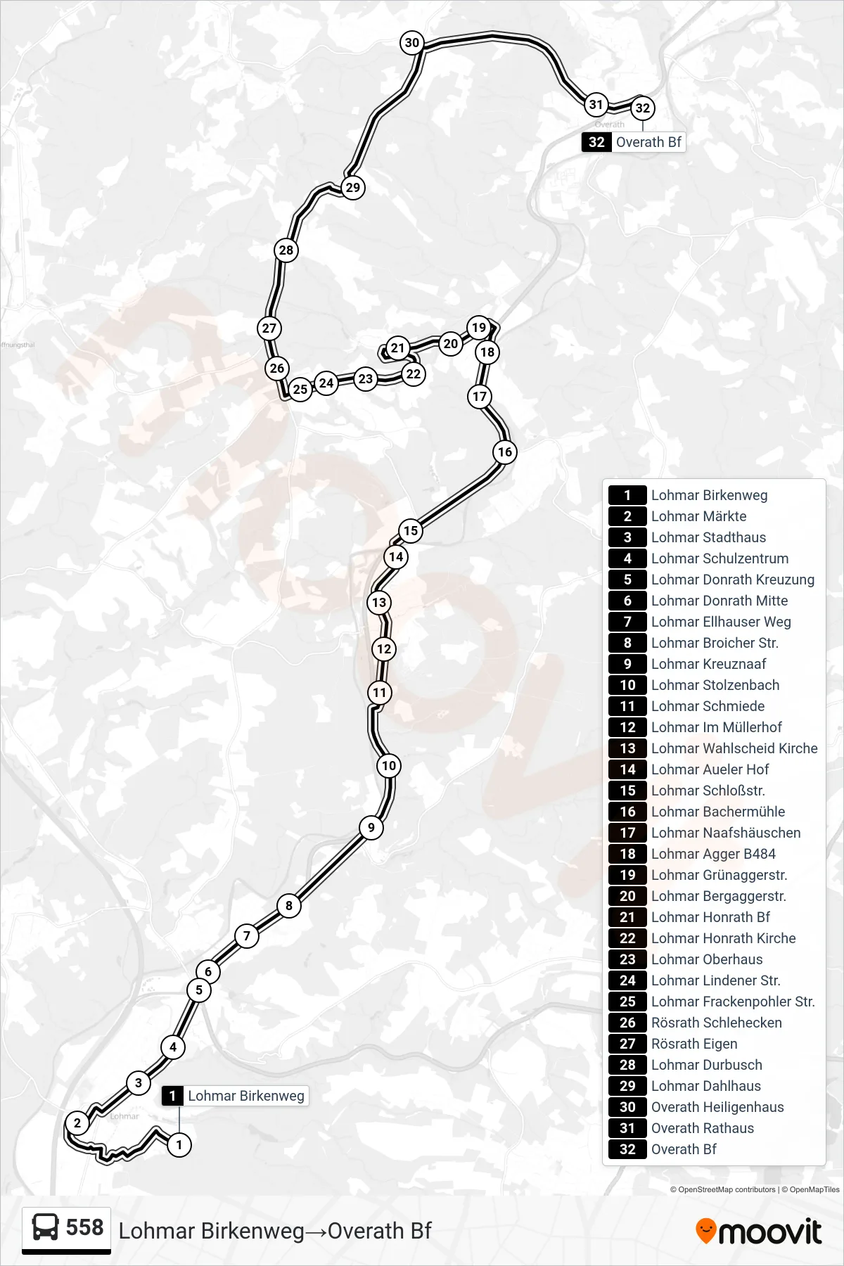 Linie 558 (Bus) Richtung Lohmar Birkenweg→Overath Bf: Route und Haltestellen auf der Karte