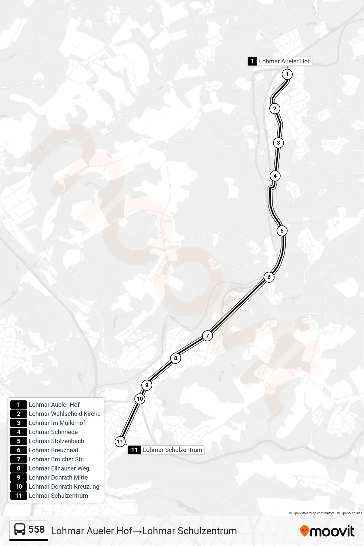 Linie 558 (Bus) Richtung Lohmar Aueler Hof→Lohmar Schulzentrum: Route und Haltestellen auf der Karte
