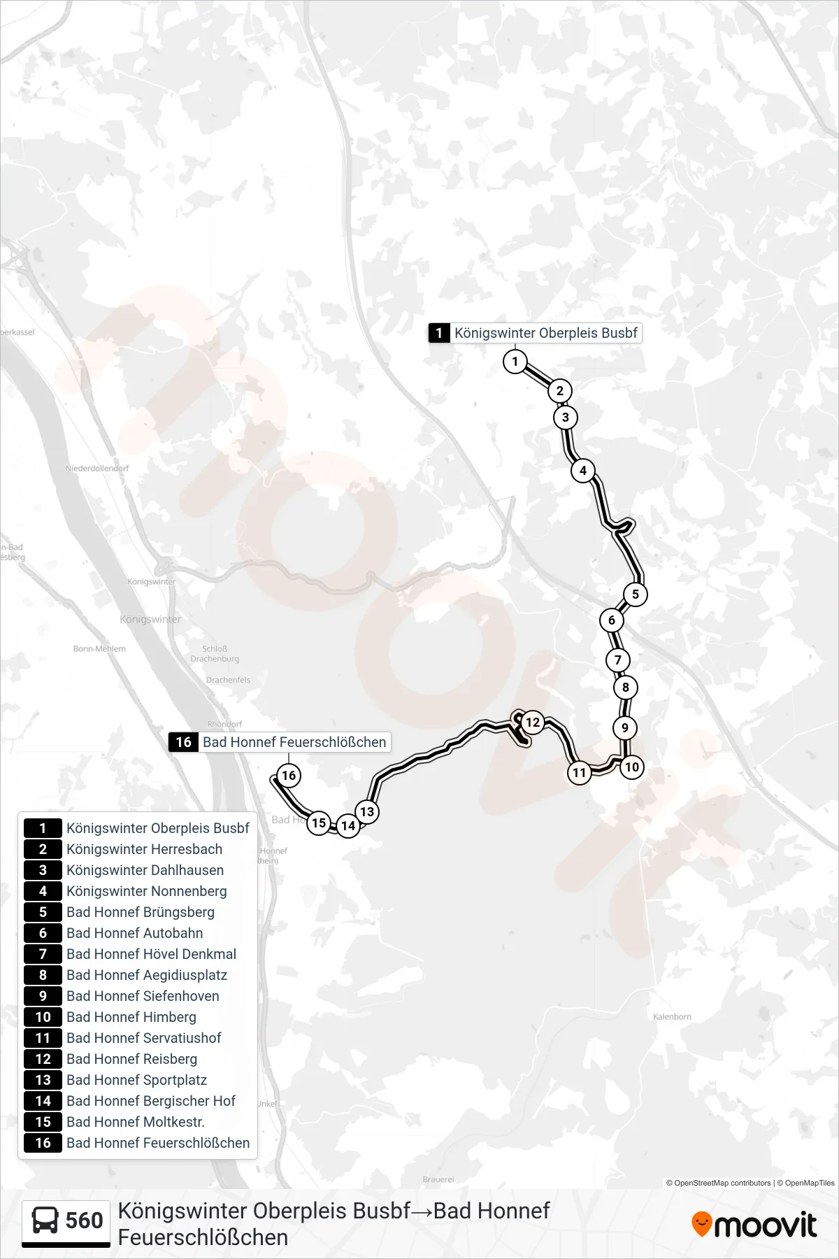 Linie 560 (Bus) Richtung Königswinter Oberpleis Busbf→Bad Honnef Feuerschlößchen: Route und Haltestellen auf der Karte