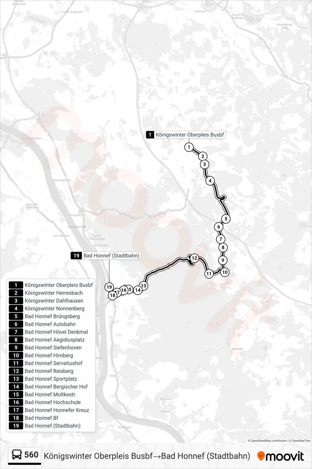 Linie 560 (Bus) Richtung Königswinter Oberpleis Busbf→Bad Honnef (Stadtbahn): Route und Haltestellen auf der Karte
