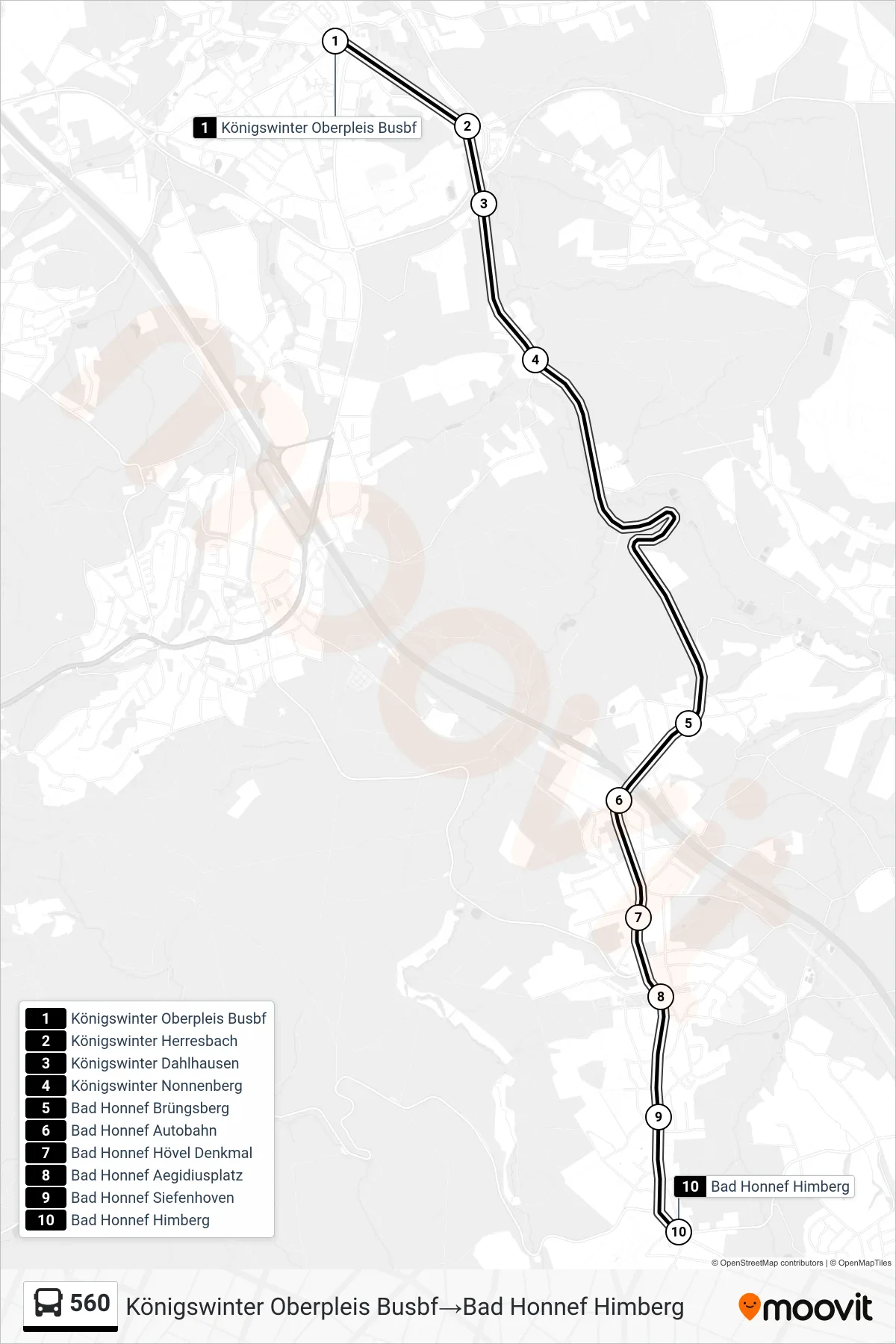 Linie 560 (Bus) Richtung Königswinter Oberpleis Busbf→Bad Honnef Himberg: Route und Haltestellen auf der Karte