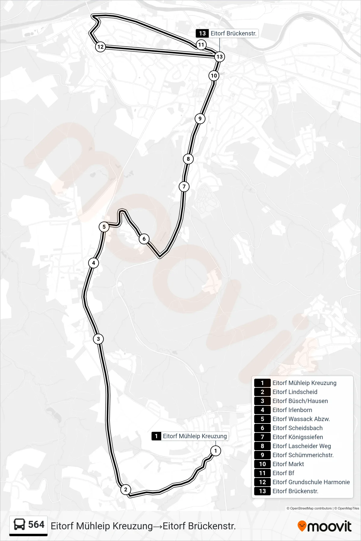 Linie 564 (Bus) Richtung Eitorf Mühleip Kreuzung→Eitorf Brückenstr.: Route und Haltestellen auf der Karte