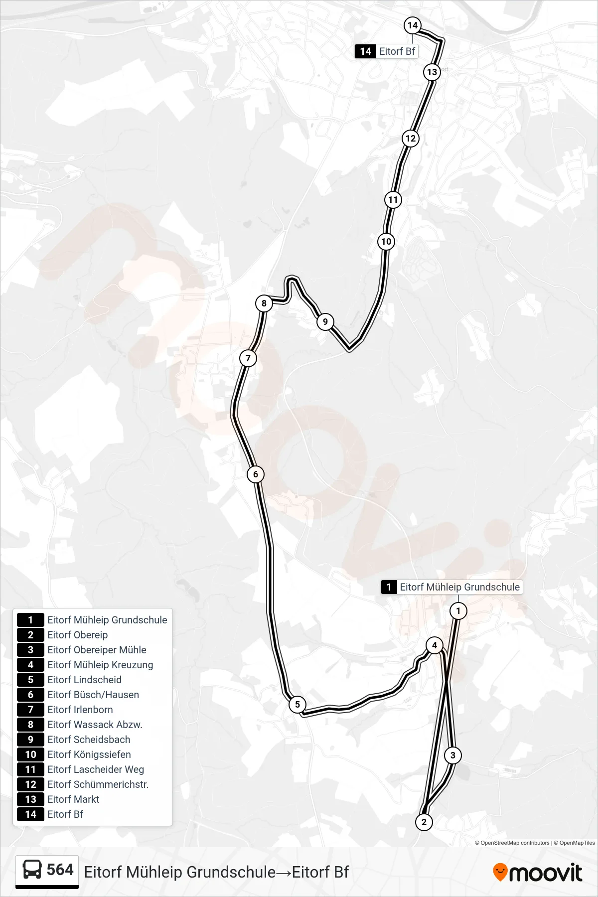 Linie 564 (Bus) Richtung Eitorf Mühleip Grundschule→Eitorf Bf: Route und Haltestellen auf der Karte