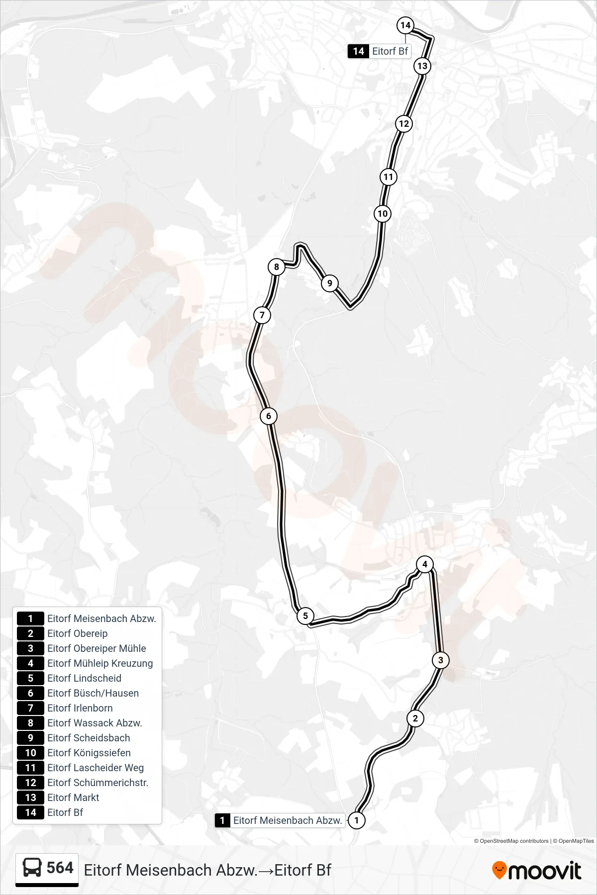 Linie 564 (Bus) Richtung Eitorf Meisenbach Abzw.→Eitorf Bf: Route und Haltestellen auf der Karte