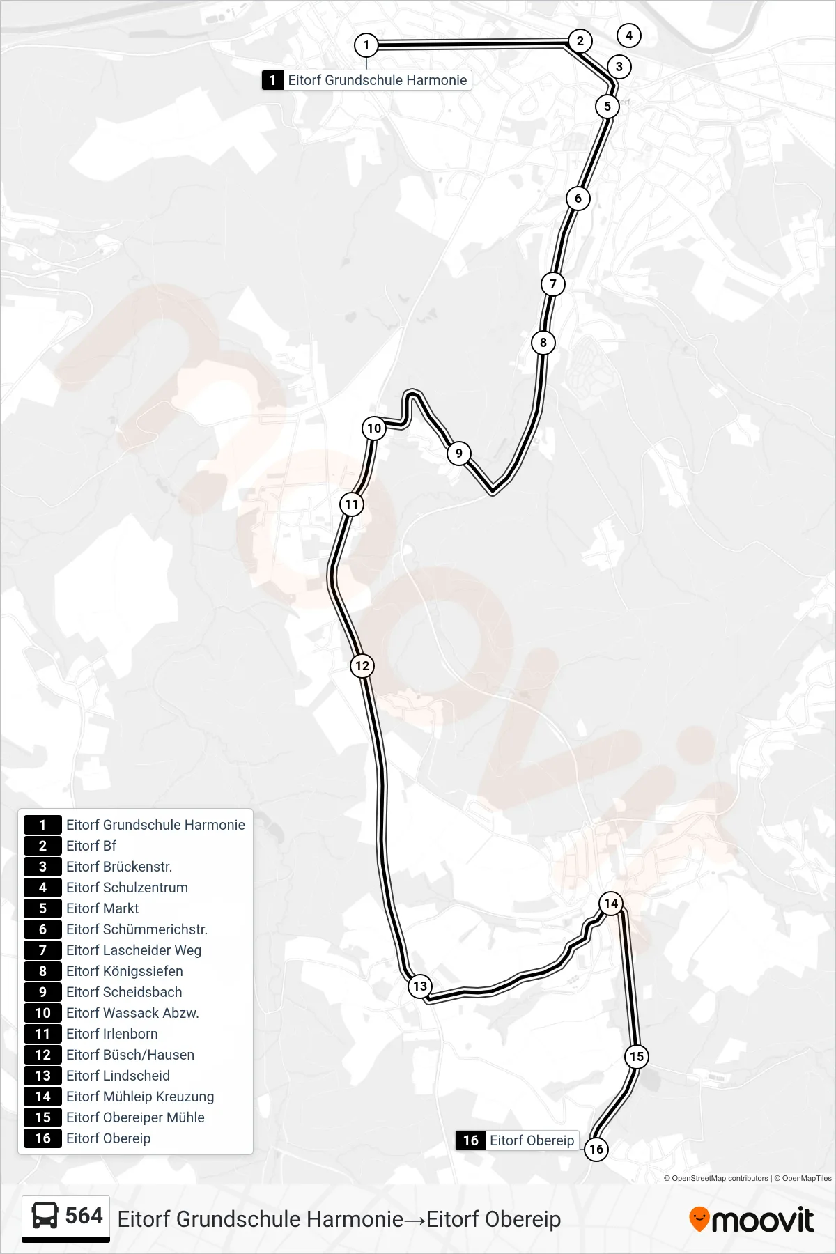 Linie 564 (Bus) Richtung Eitorf Grundschule Harmonie→Eitorf Obereip: Route und Haltestellen auf der Karte