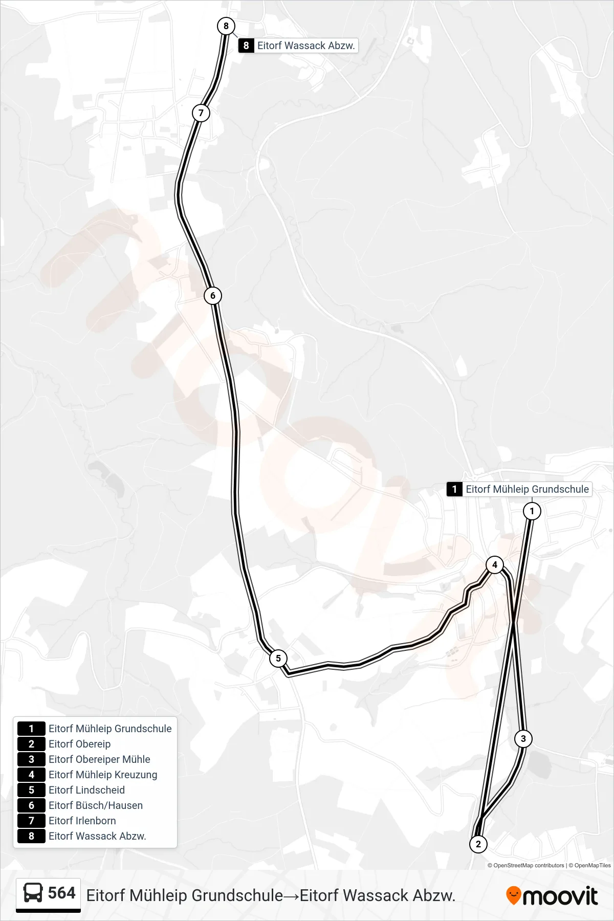 564 bus Line (Eitorf Mühleip Grundschule‎→Eitorf Wassack Abzw.) route and stops on a map