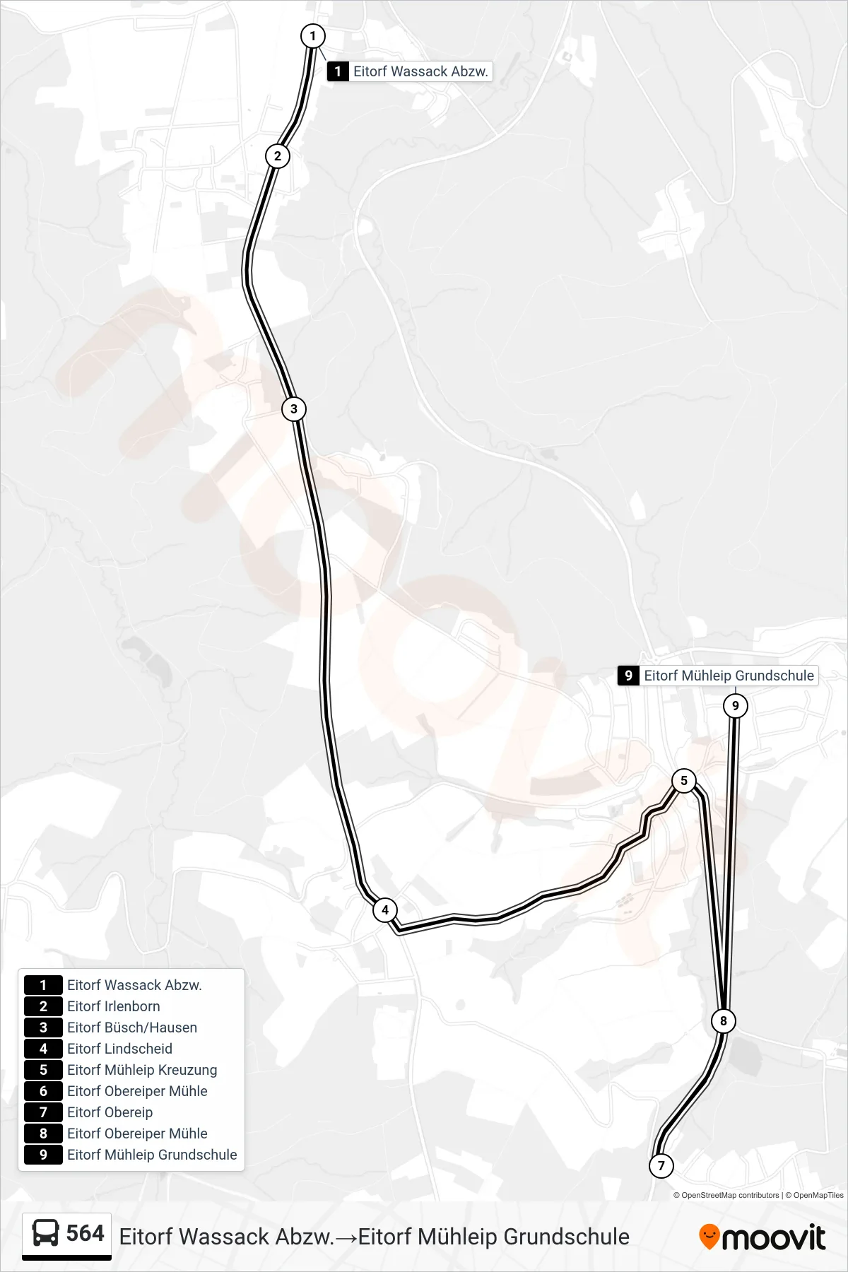 564 bus Line (Eitorf Wassack Abzw.‎→Eitorf Mühleip Grundschule) route and stops on a map