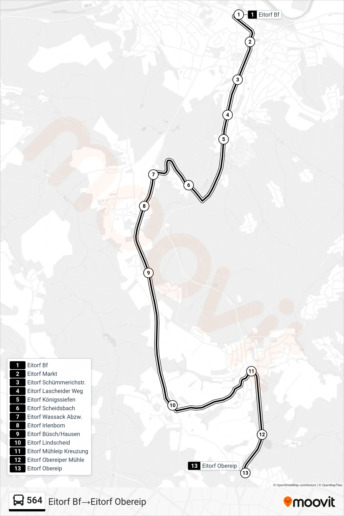 Linie 564 (Bus) Richtung Eitorf Bf→Eitorf Obereip: Route und Haltestellen auf der Karte
