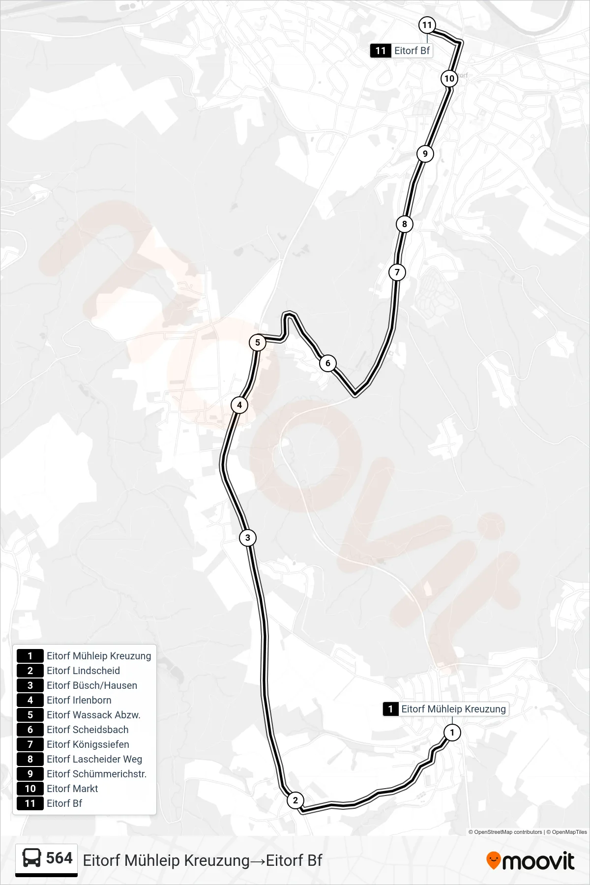 564 bus Line (Eitorf Mühleip Kreuzung‎→Eitorf Bf) route and stops on a map