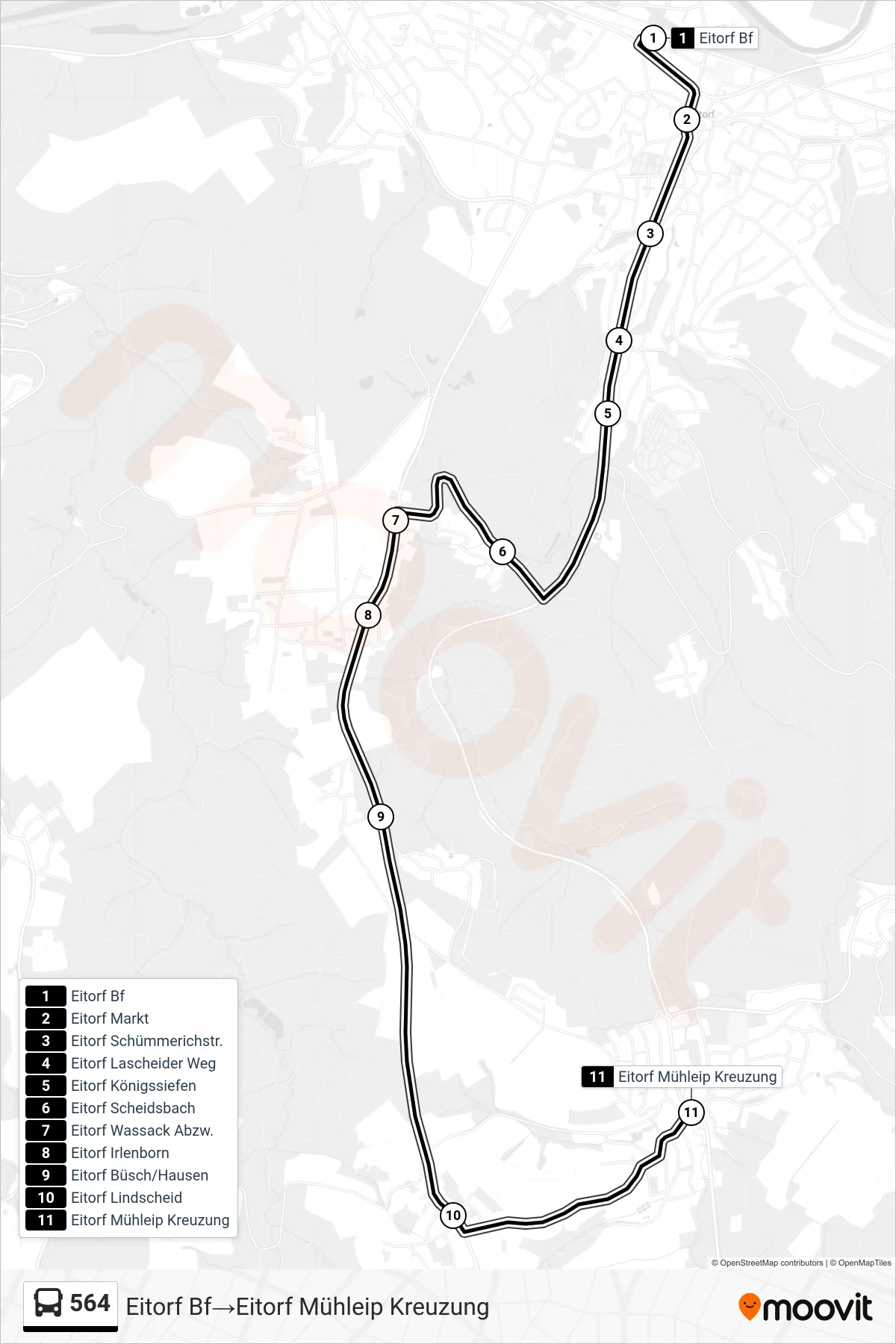 564 bus Line (Eitorf Bf‎→Eitorf Mühleip Kreuzung) route and stops on a map
