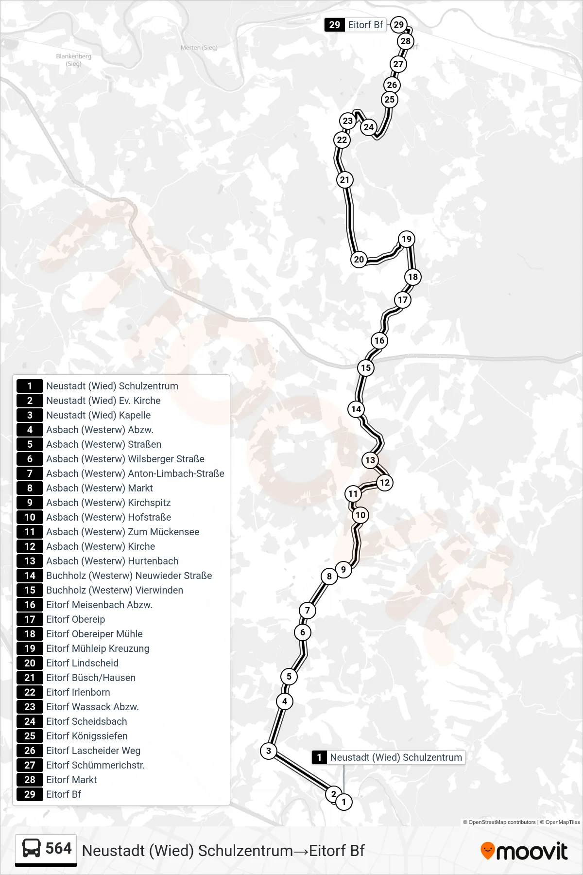 Linie 564 (Bus) Richtung Neustadt (Wied) Schulzentrum→Eitorf Bf: Route und Haltestellen auf der Karte
