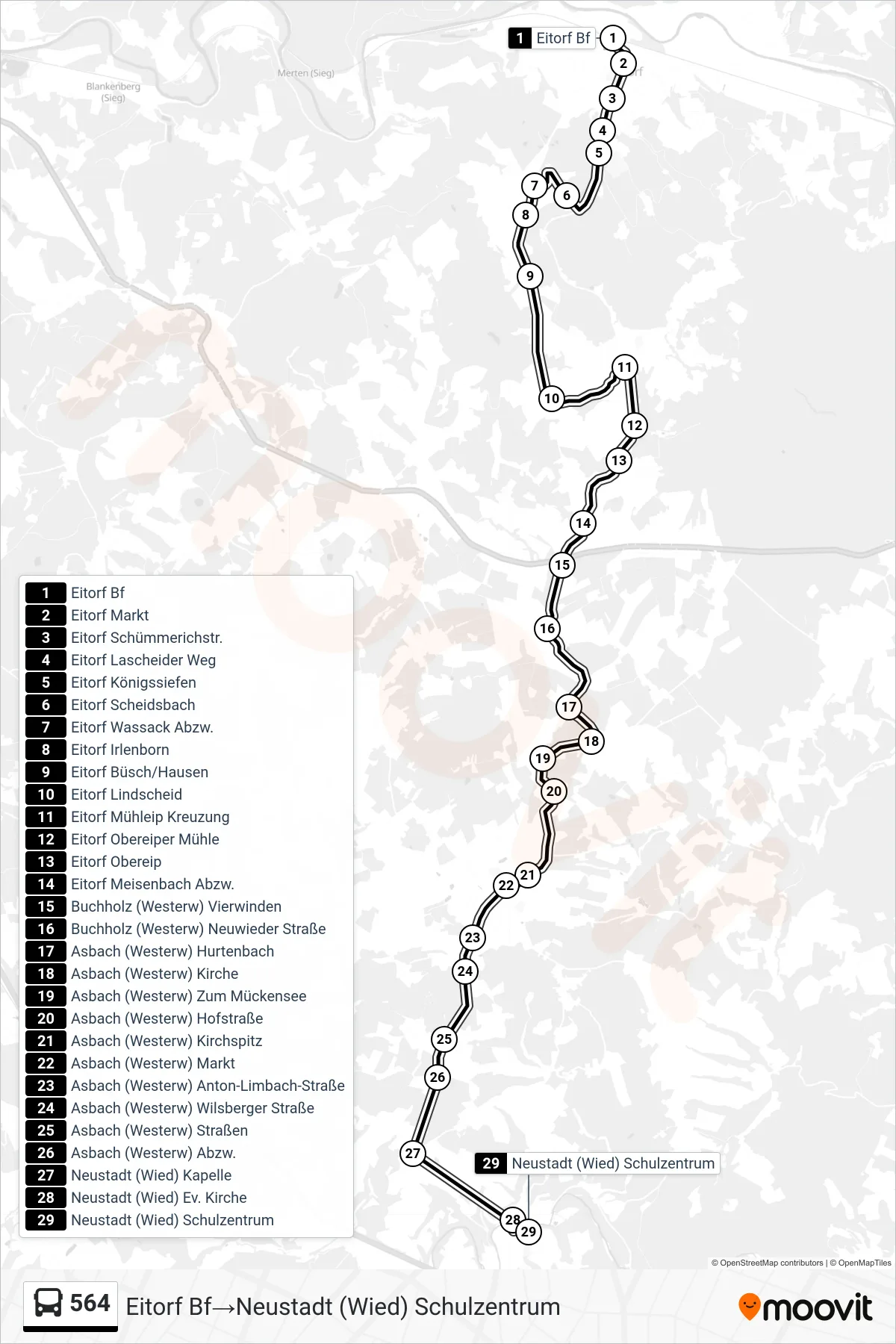 Linie 564 (Bus) Richtung Eitorf Bf→Neustadt (Wied) Schulzentrum: Route und Haltestellen auf der Karte