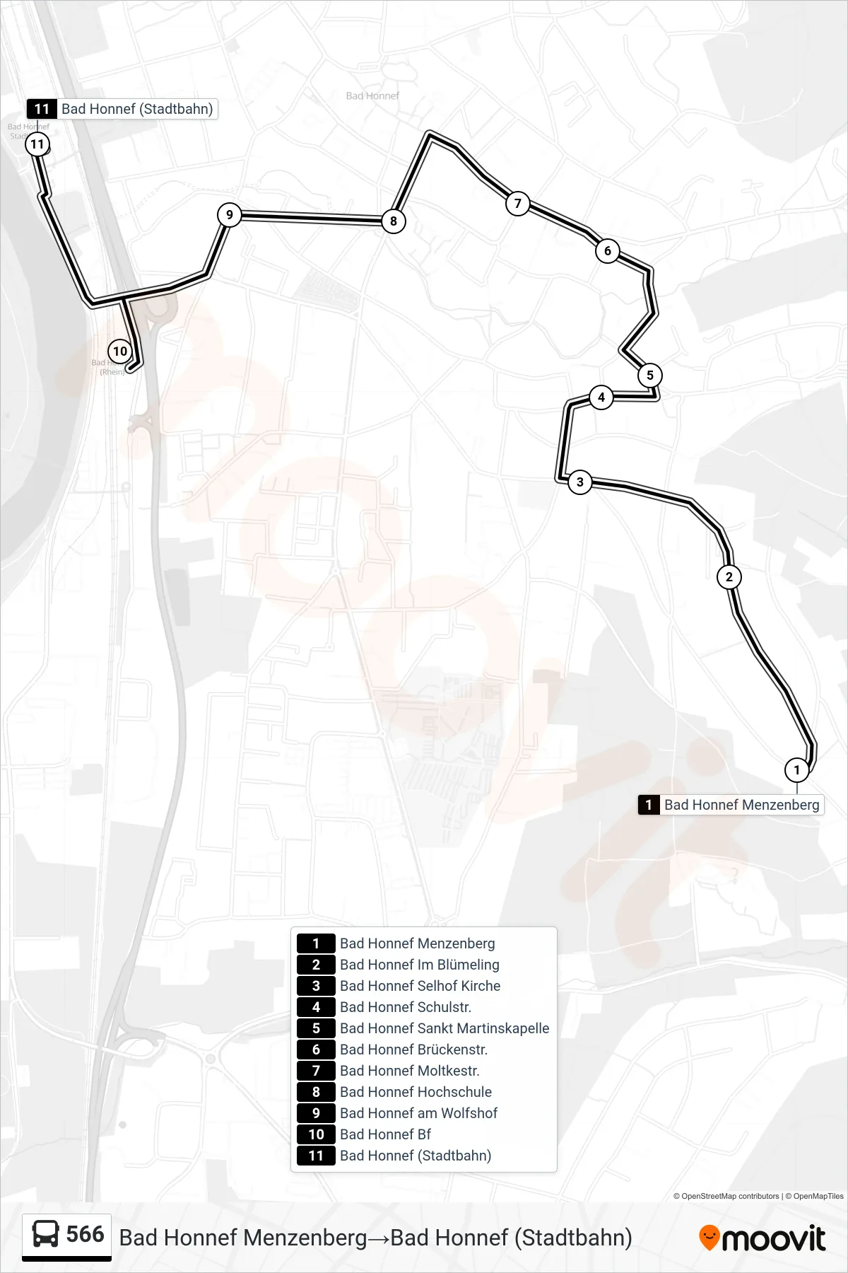 Linie 566 (Bus) Richtung Bad Honnef Menzenberg→Bad Honnef (Stadtbahn): Route und Haltestellen auf der Karte