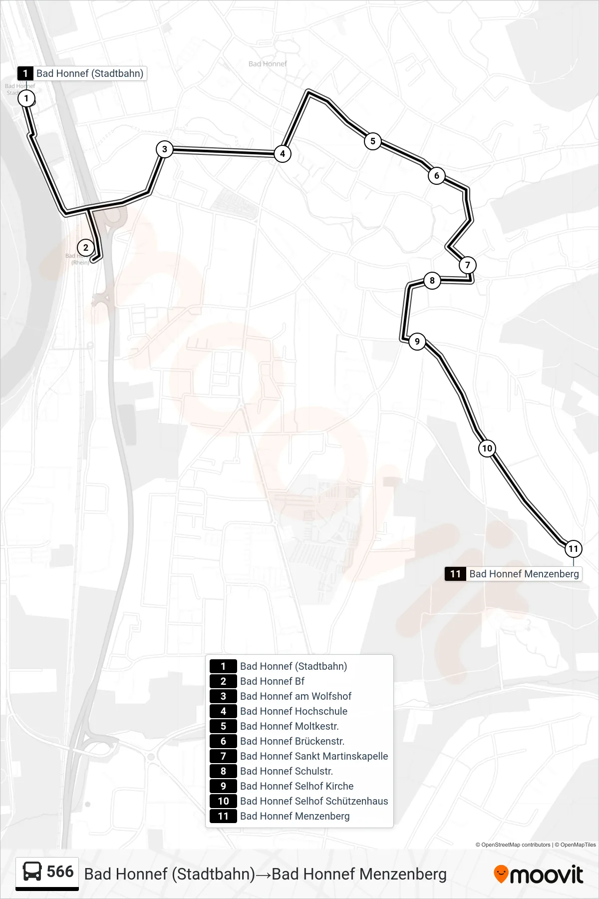 566 bus Line (Bad Honnef (Stadtbahn)→Bad Honnef Menzenberg) route and stops on a map